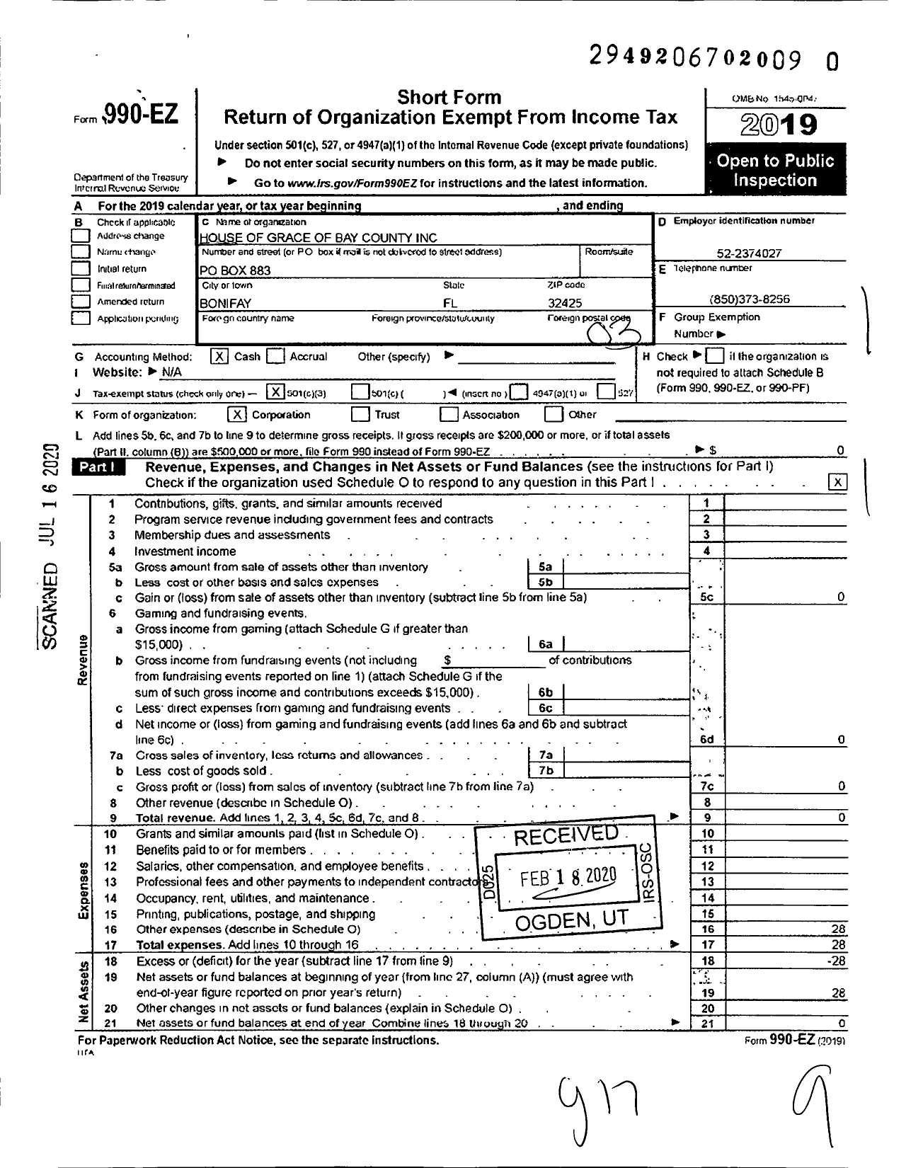 Image of first page of 2019 Form 990EZ for House of Grace of Bay County