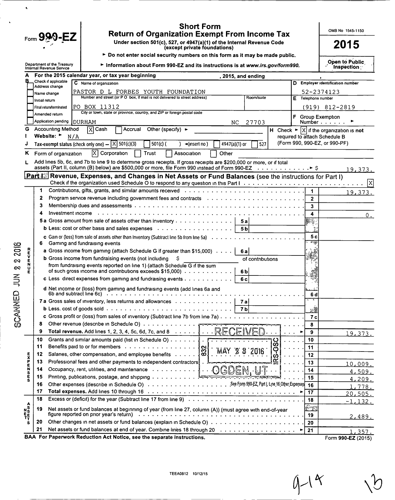 Image of first page of 2015 Form 990EZ for Pastor D L Forbes Youth Foundation