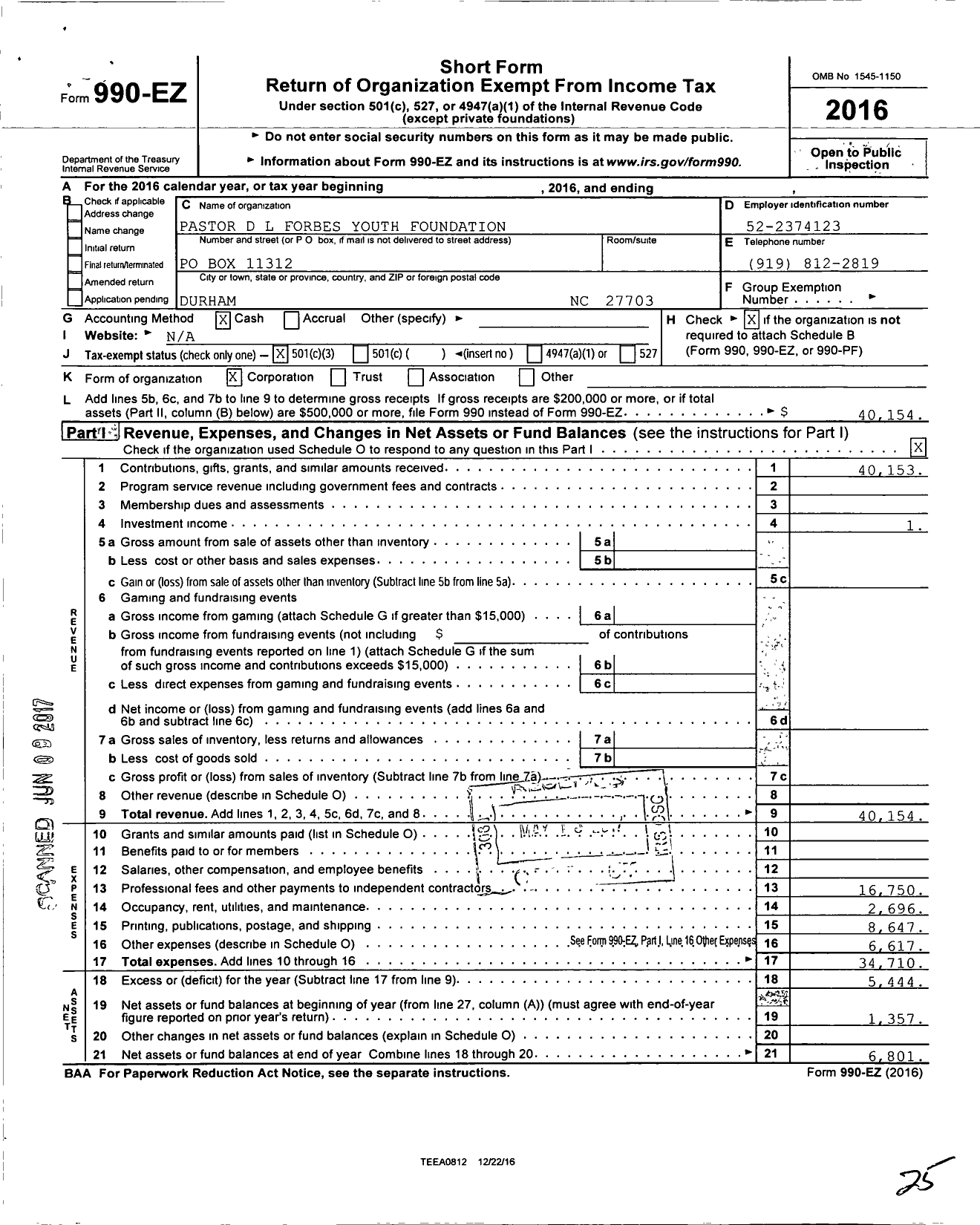 Image of first page of 2016 Form 990EZ for Pastor D L Forbes Youth Foundation