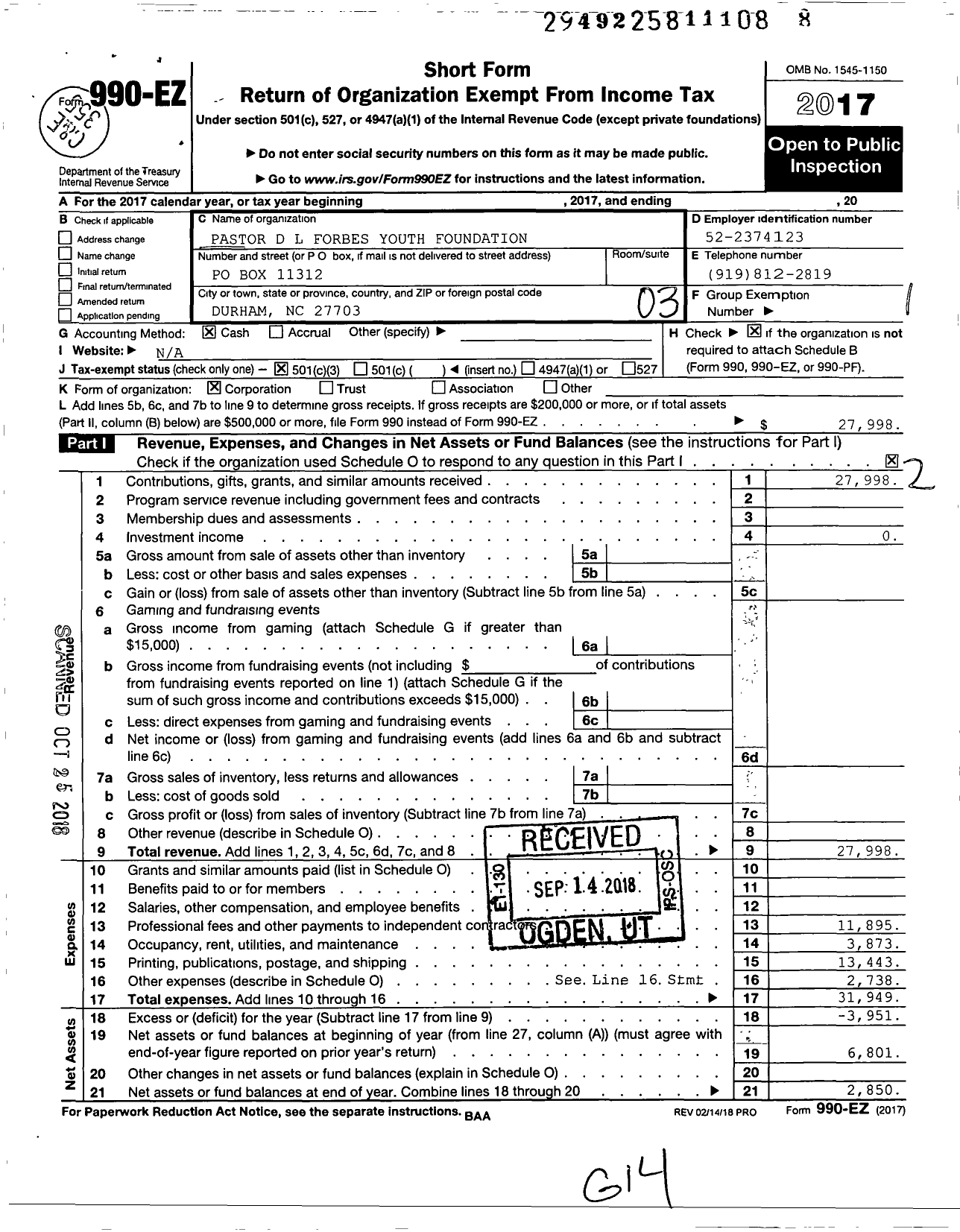 Image of first page of 2017 Form 990EZ for Pastor D L Forbes Youth Foundation