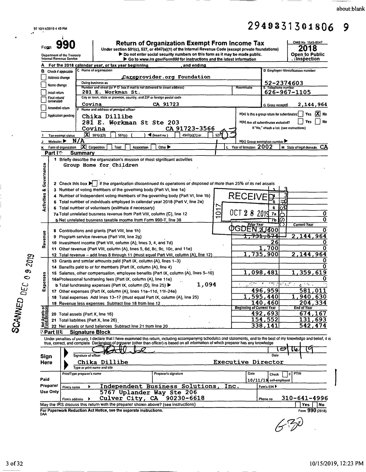 Image of first page of 2018 Form 990 for Careprovider Org Foundation