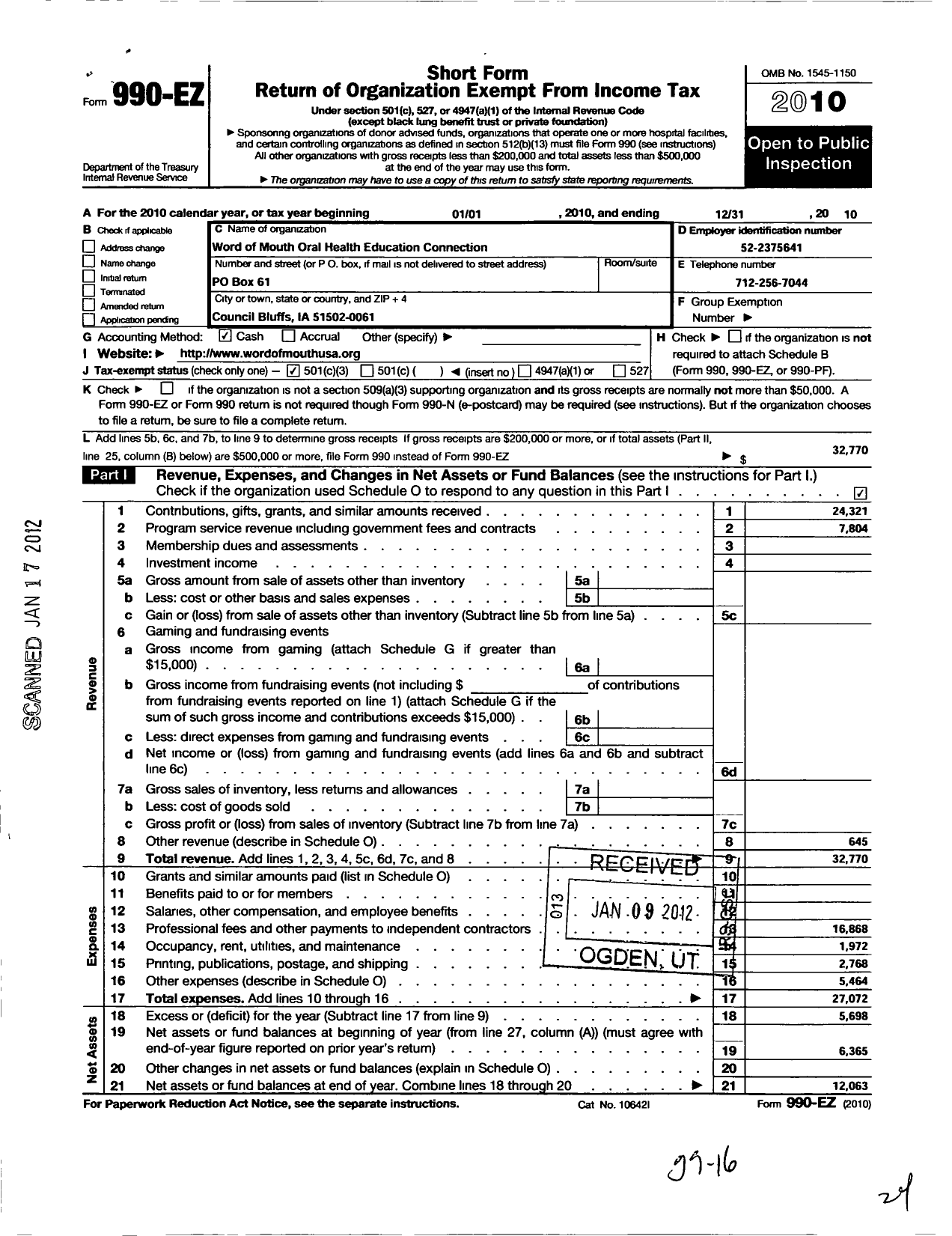 Image of first page of 2010 Form 990EZ for Word-Of-Mouth