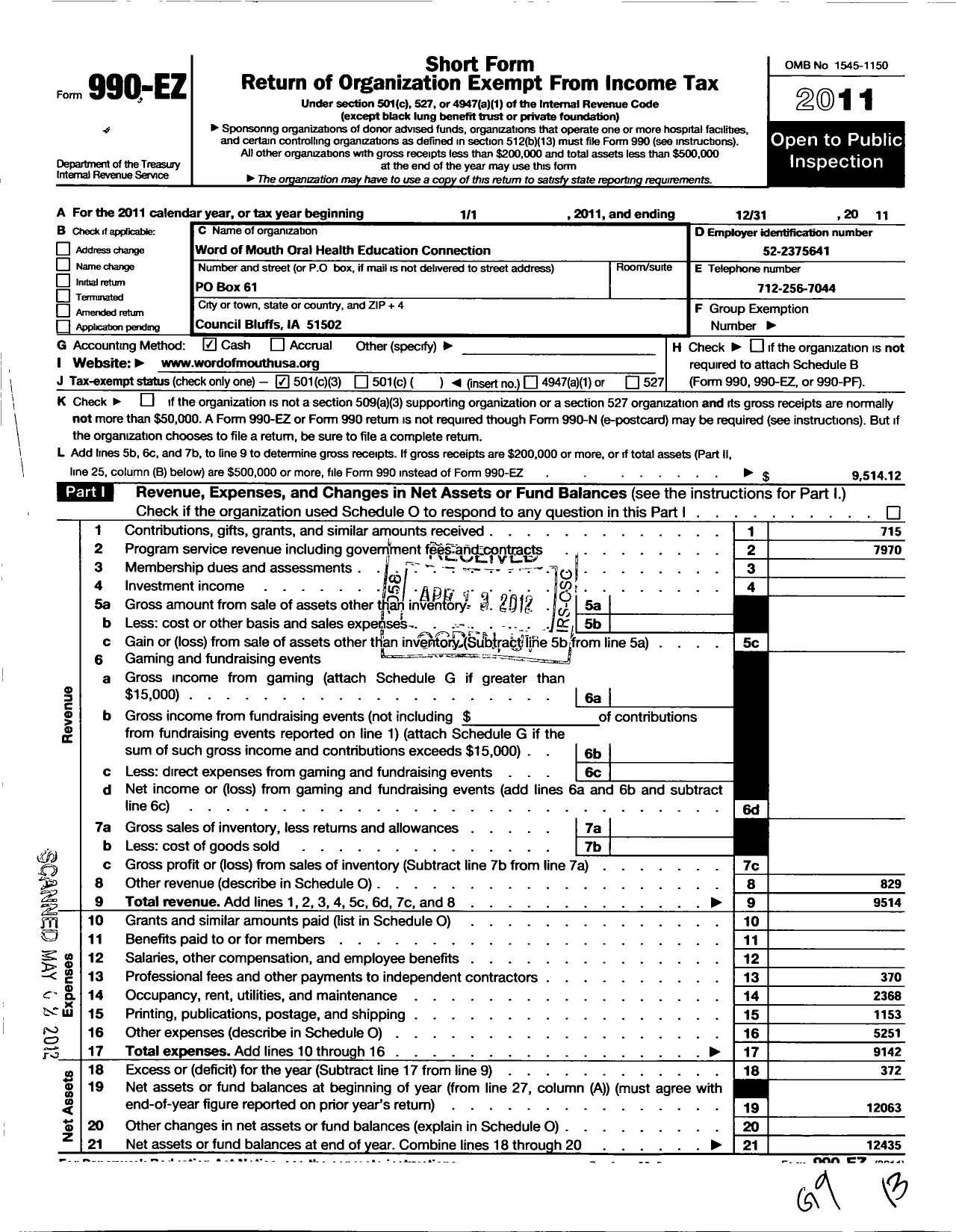 Image of first page of 2011 Form 990EZ for Word-Of-Mouth