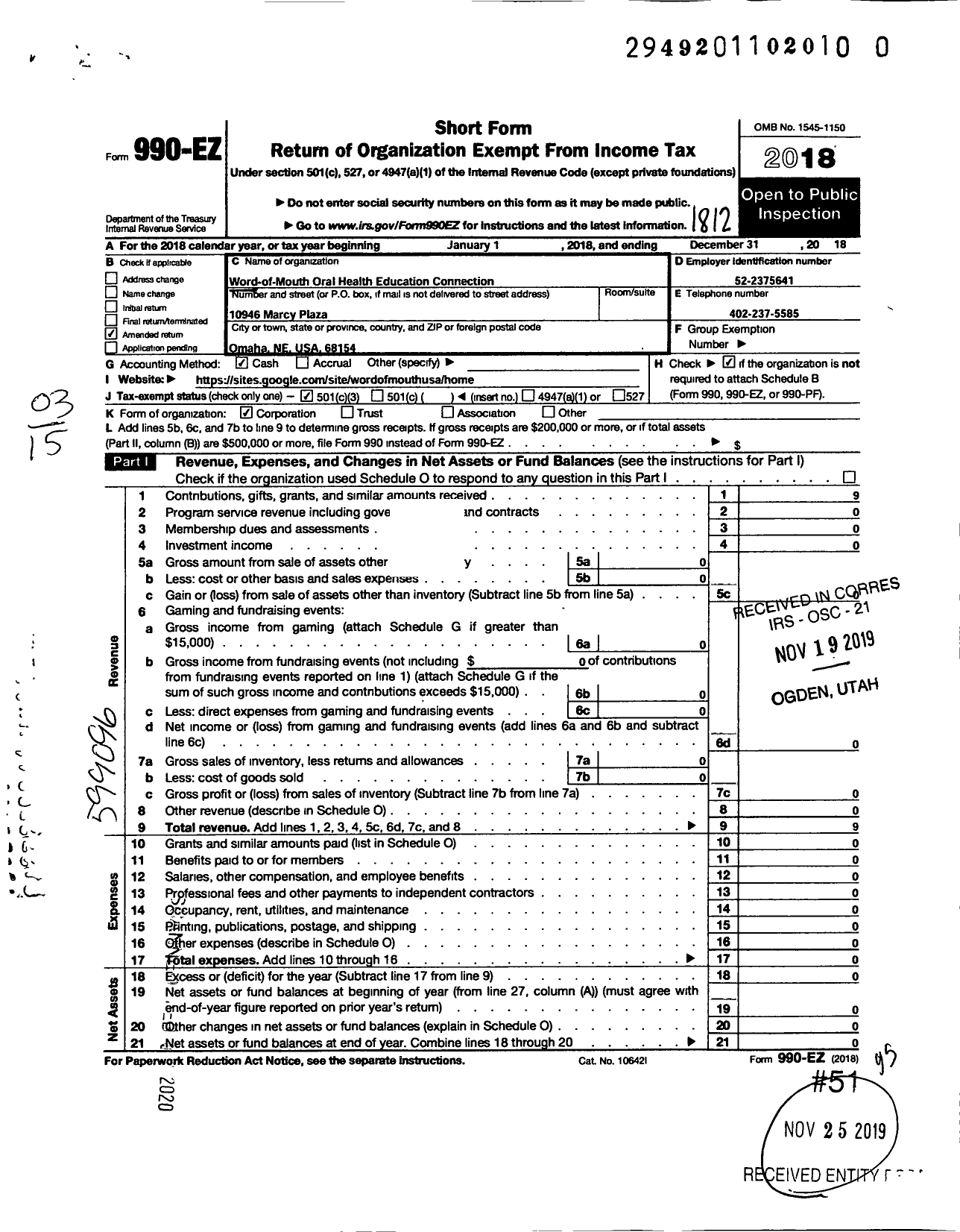 Image of first page of 2018 Form 990EZ for Word-Of-Mouth