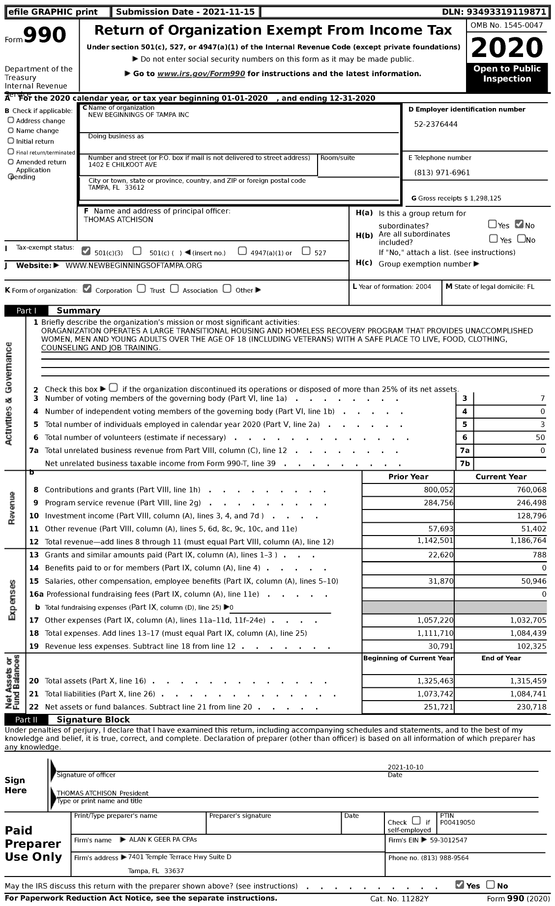 Image of first page of 2020 Form 990 for New Beginnings of Tampa