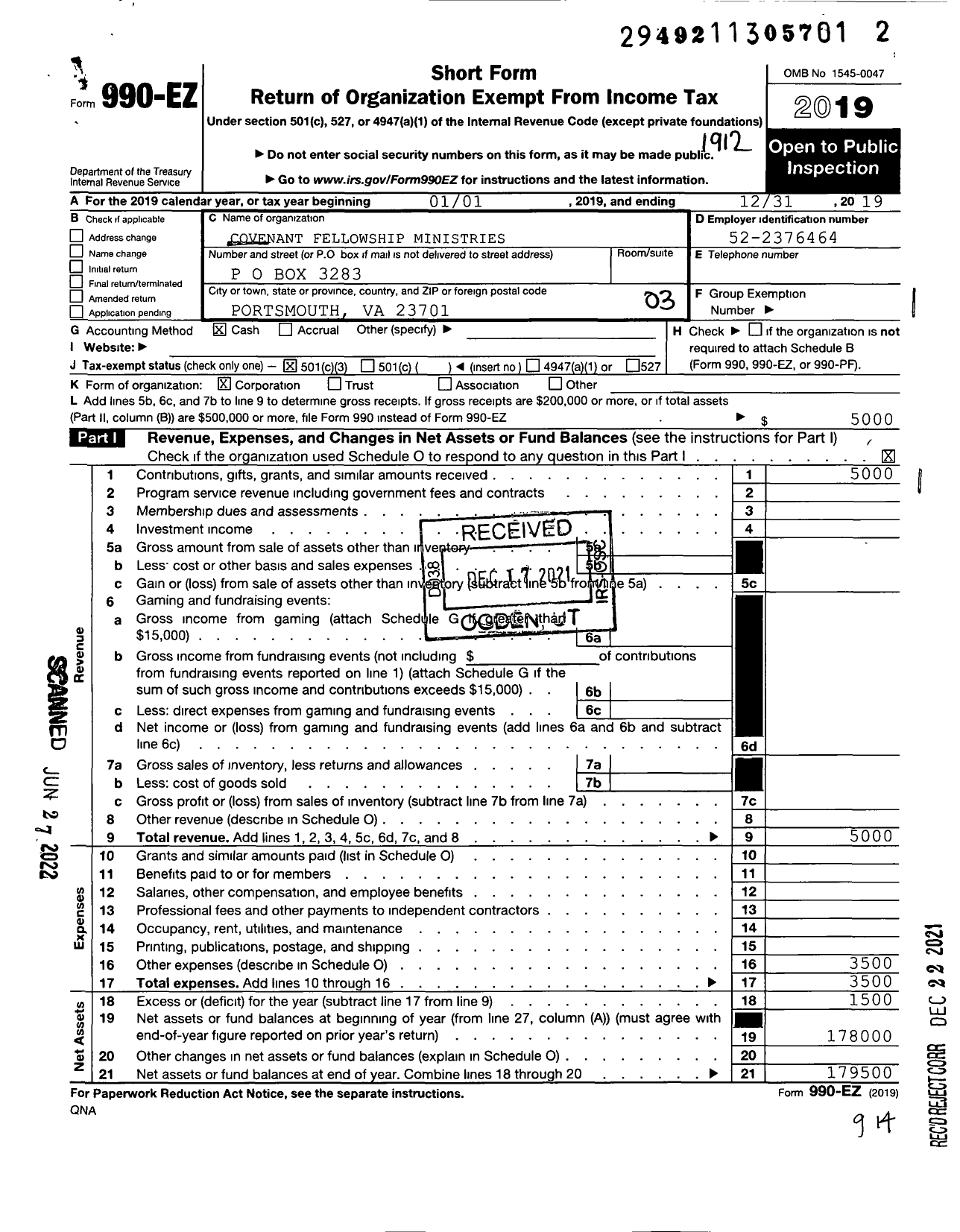 Image of first page of 2019 Form 990EZ for Covenant Fellowship Ministries