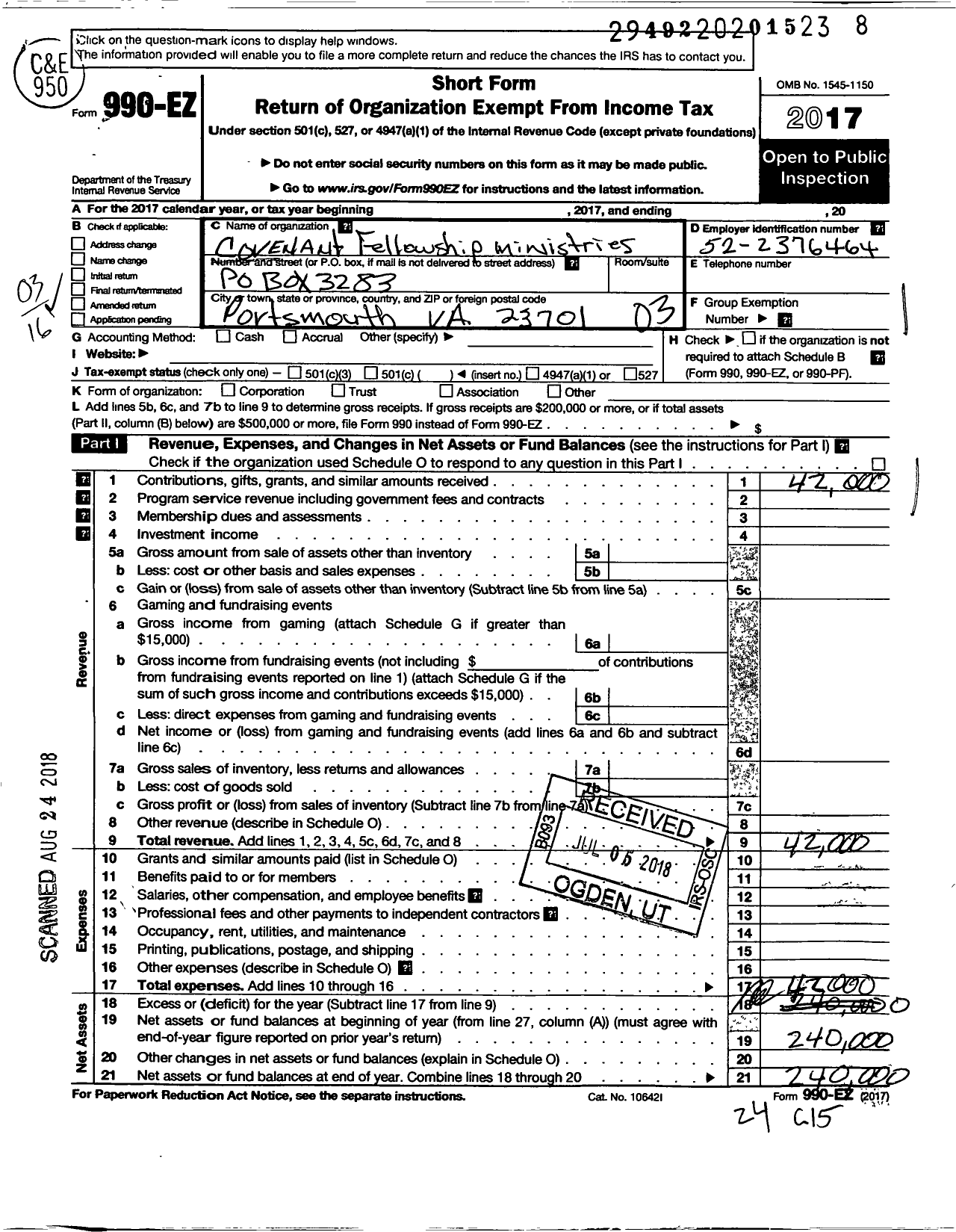 Image of first page of 2017 Form 990EZ for Covenant Fellowship Ministries