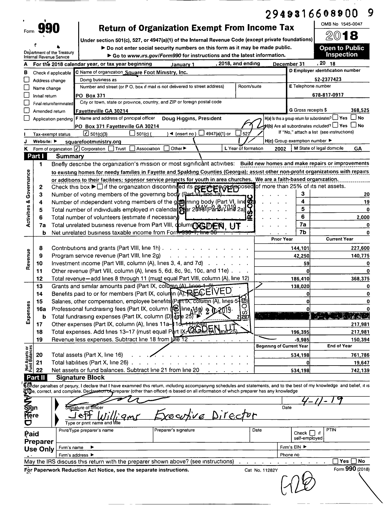 Image of first page of 2018 Form 990 for Square Foot Ministry