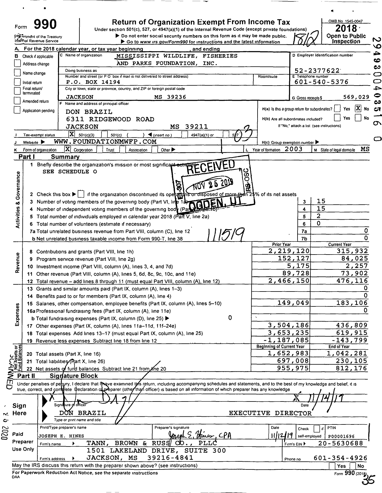 Image of first page of 2018 Form 990 for Mississippi Wildlife Fisheries and Parks Foundation