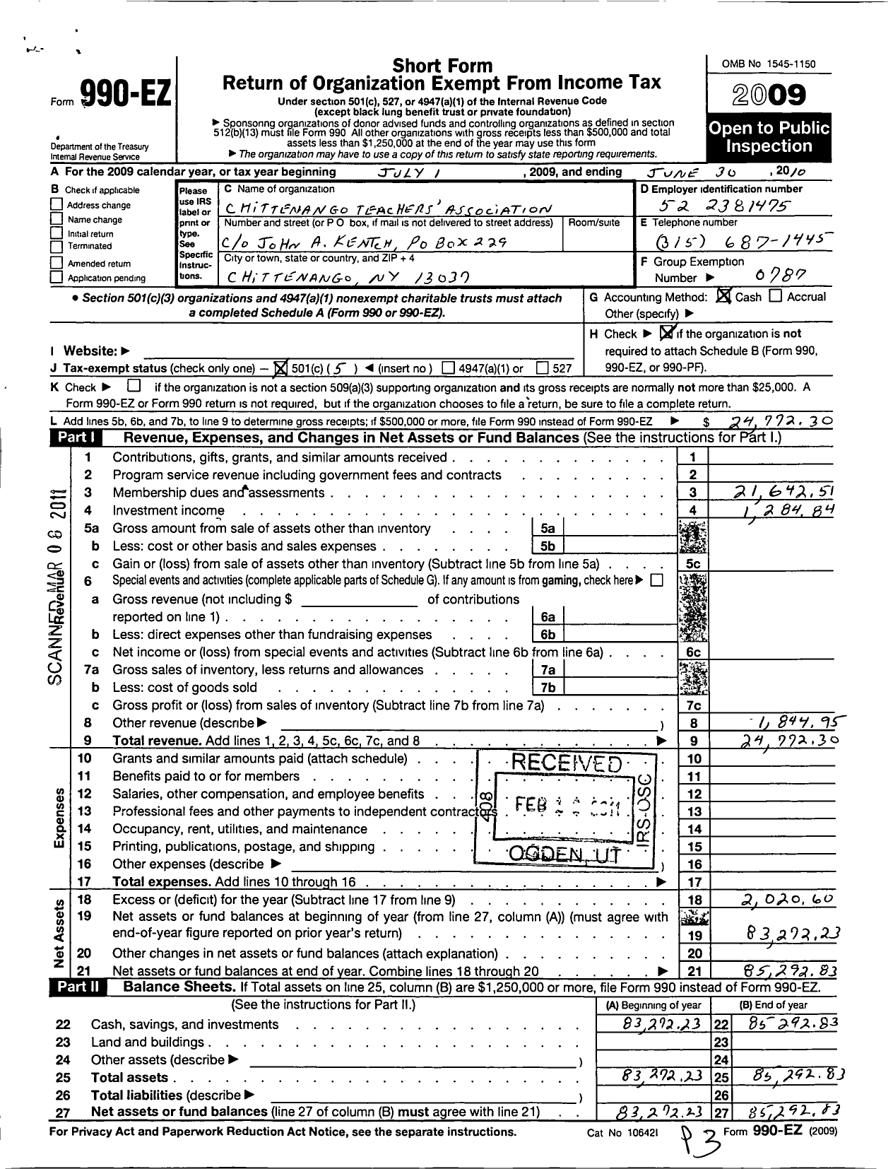 Image of first page of 2009 Form 990EO for American Federation of Teachers - 2566 Chittenango Teachers Assoc