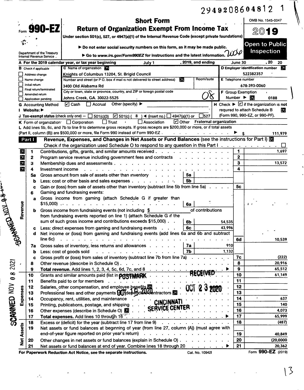 Image of first page of 2019 Form 990EO for KNIGHTS OF COLUMBUS 13204 St Brigid Council