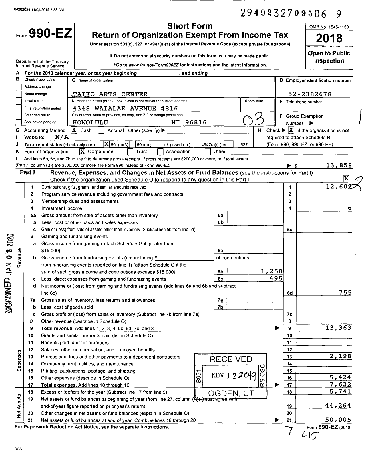 Image of first page of 2018 Form 990EZ for Taiko Arts Center