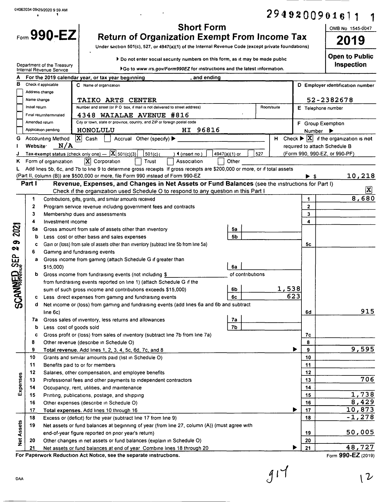 Image of first page of 2019 Form 990EZ for Taiko Arts Center