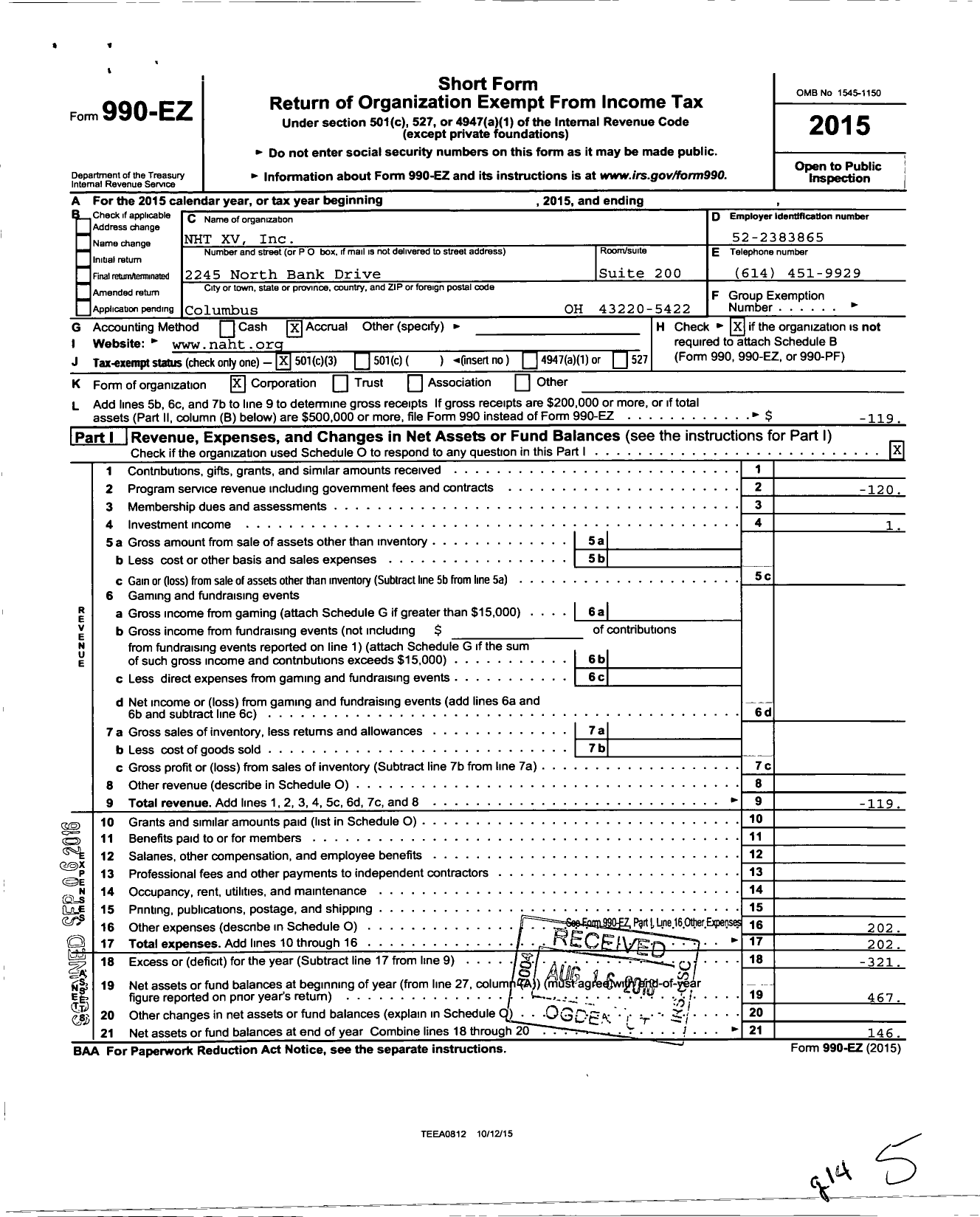 Image of first page of 2015 Form 990EZ for NHT XV