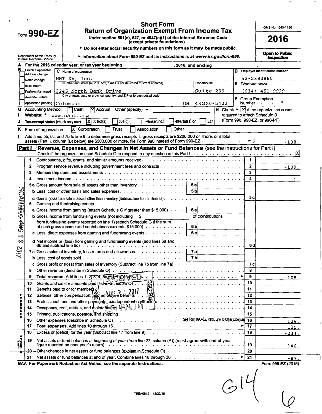 Image of first page of 2016 Form 990EZ for NHT XV