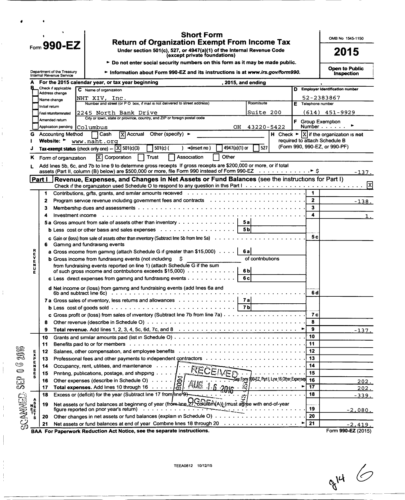 Image of first page of 2015 Form 990EZ for NHT Xiv