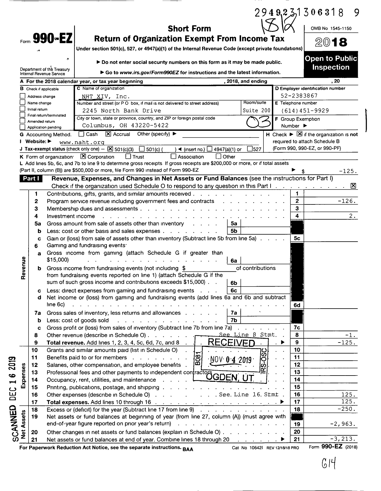 Image of first page of 2018 Form 990EZ for NHT Xiv