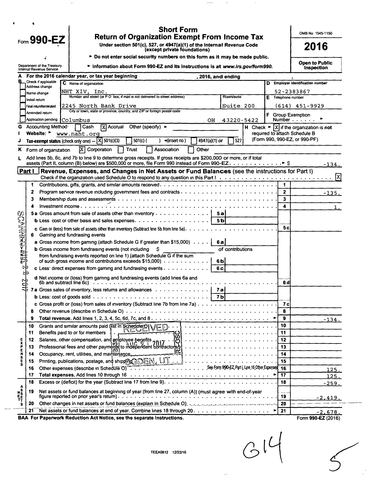 Image of first page of 2016 Form 990EZ for NHT Xiv