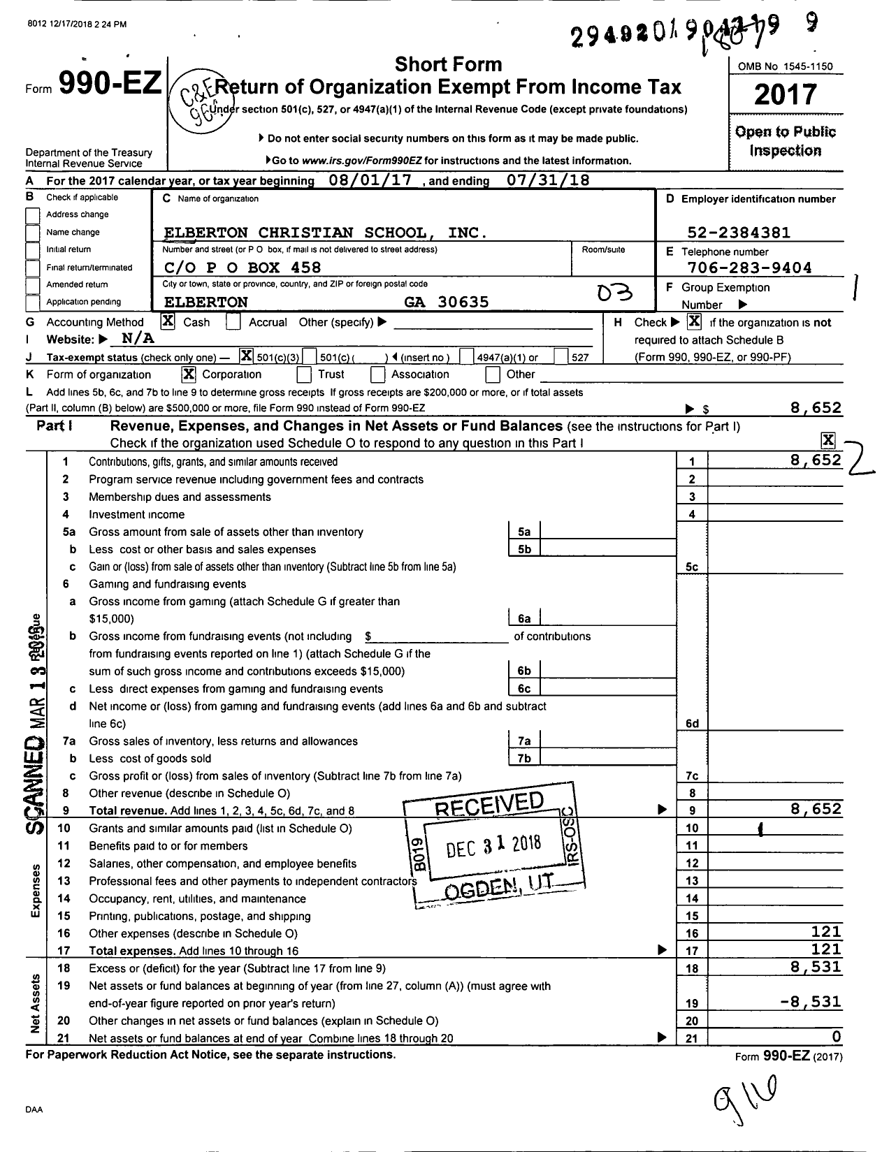 Image of first page of 2017 Form 990EZ for Elberton Christian School