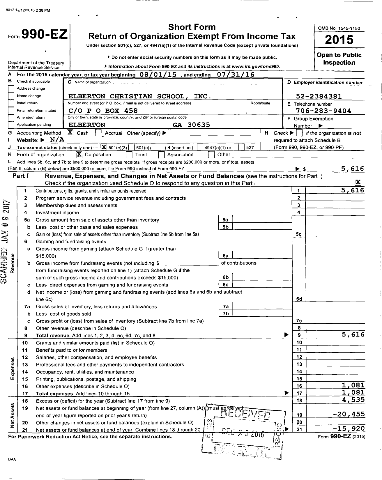 Image of first page of 2015 Form 990EZ for Elberton Christian School