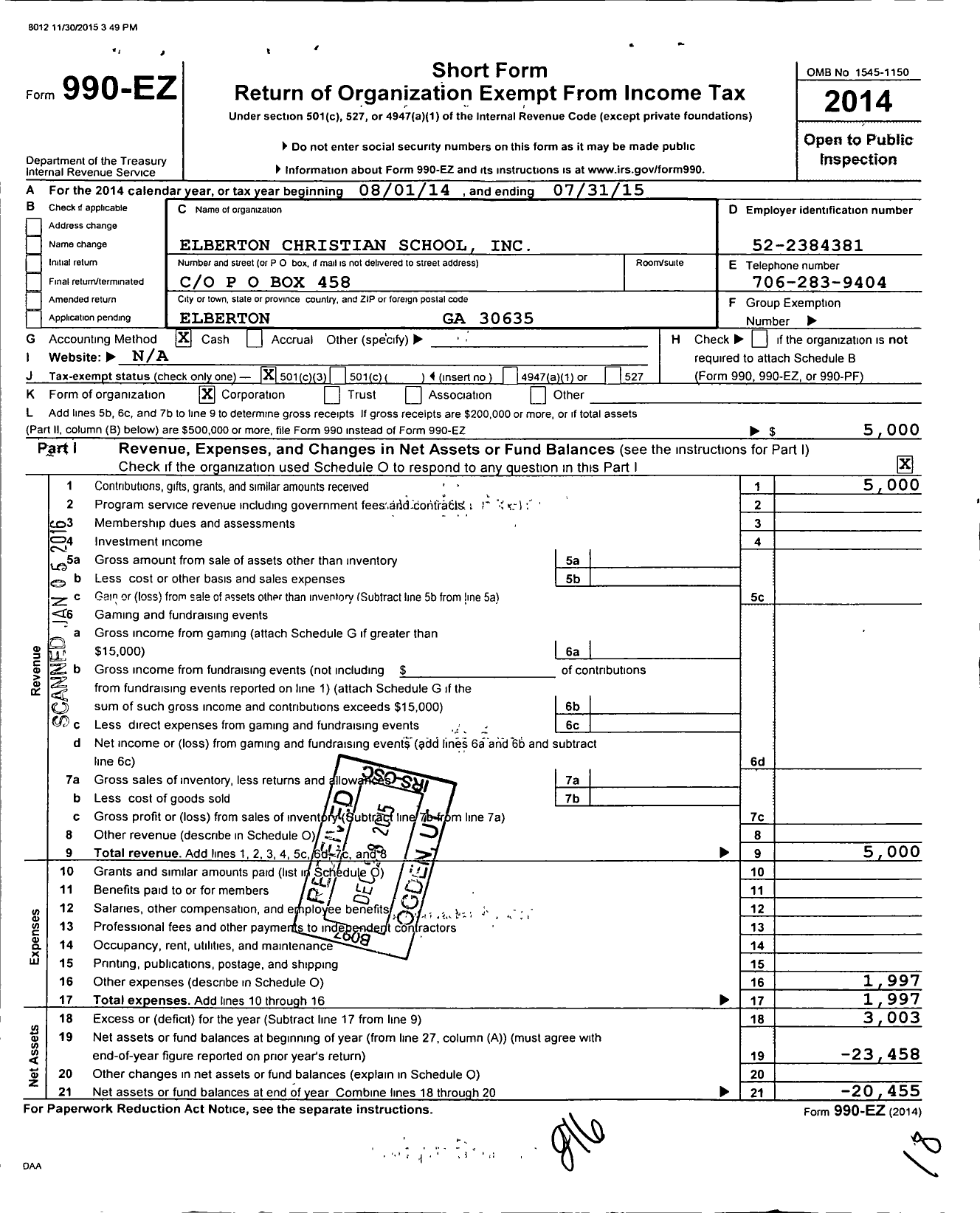 Image of first page of 2014 Form 990EZ for Elberton Christian School