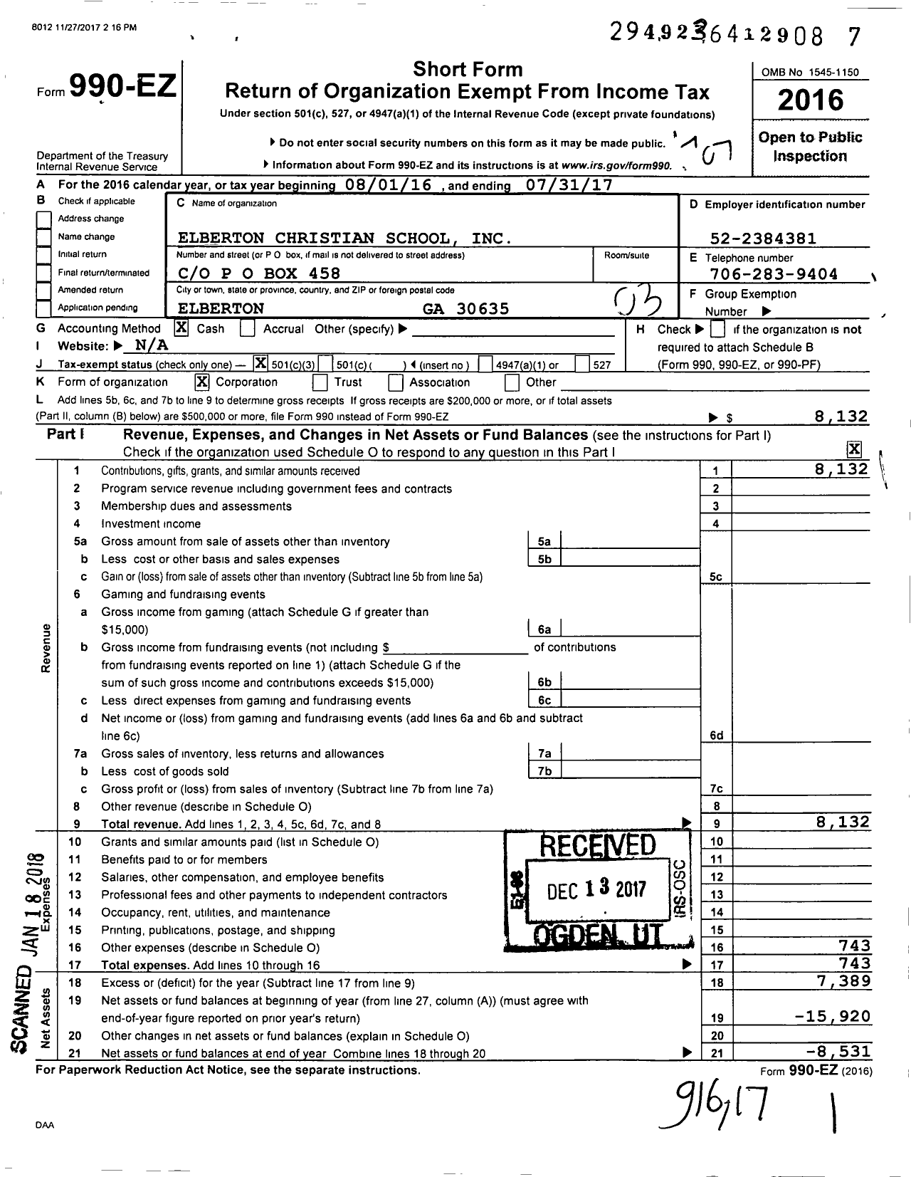 Image of first page of 2016 Form 990EZ for Elberton Christian School