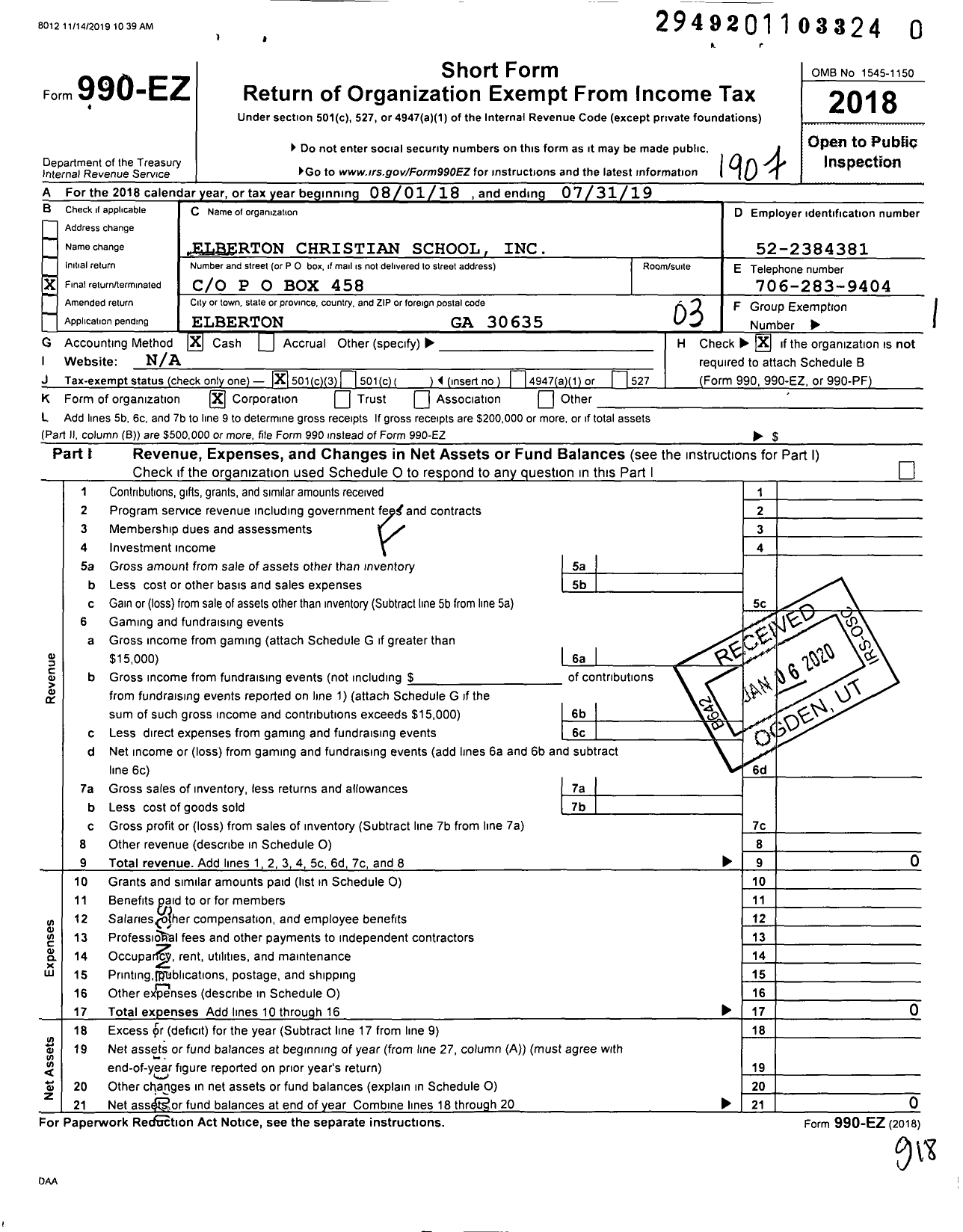 Image of first page of 2018 Form 990EZ for Elberton Christian School