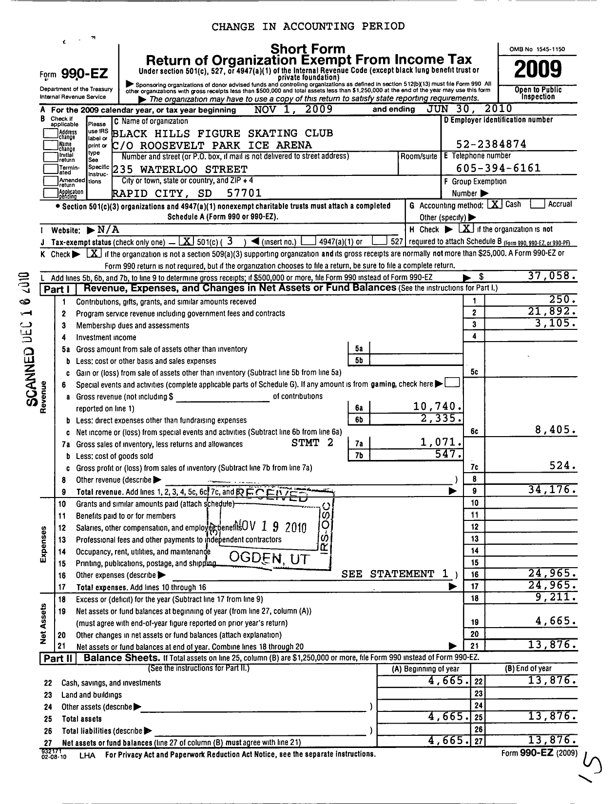 Image of first page of 2009 Form 990EZ for Black Hills Figure Skating Club