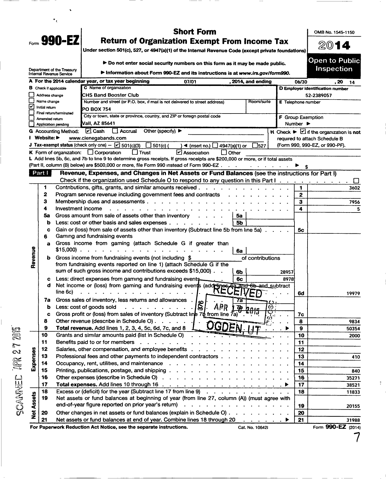 Image of first page of 2013 Form 990EZ for CHS Band Booster Club