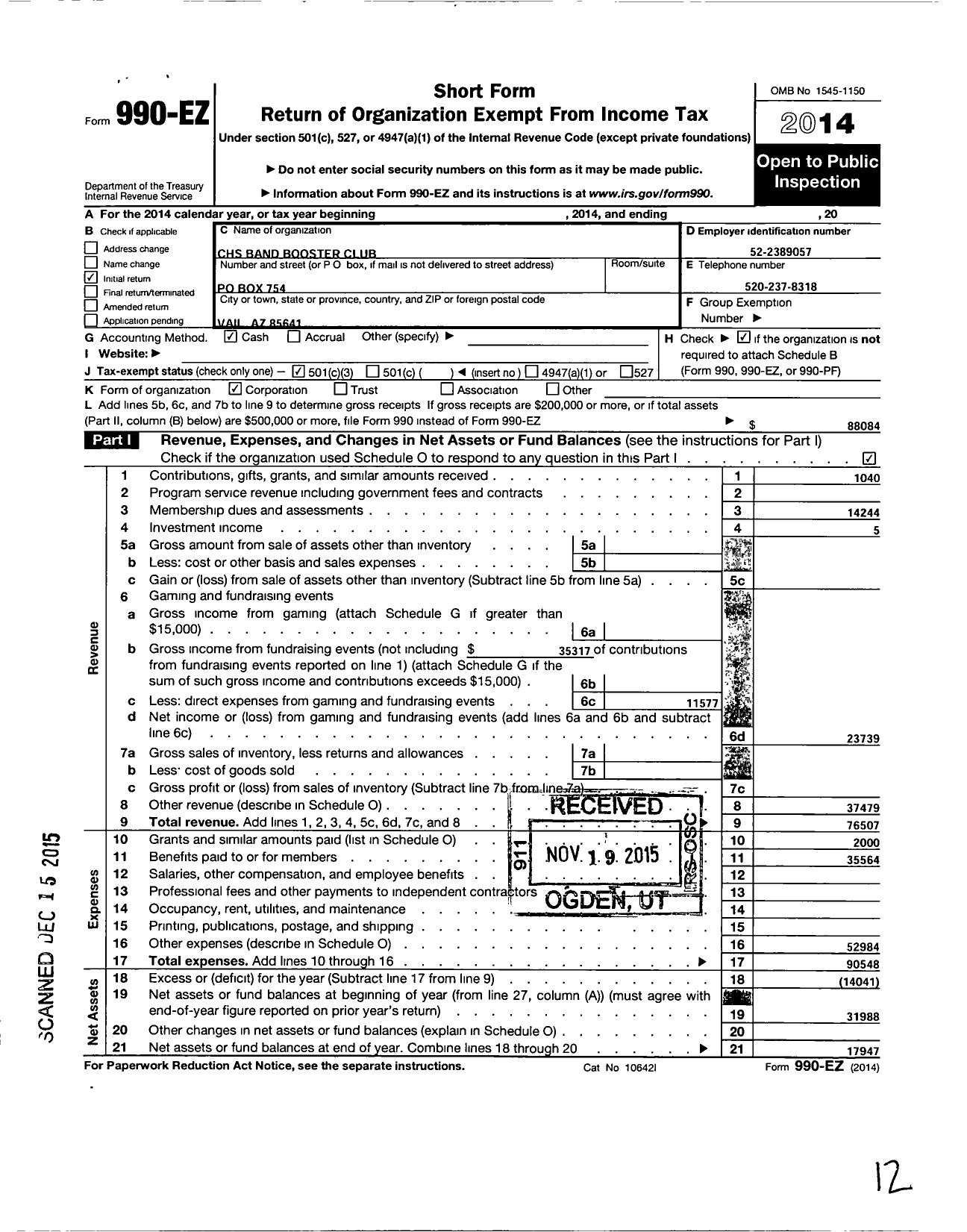 Image of first page of 2014 Form 990EZ for CHS Band Booster Club