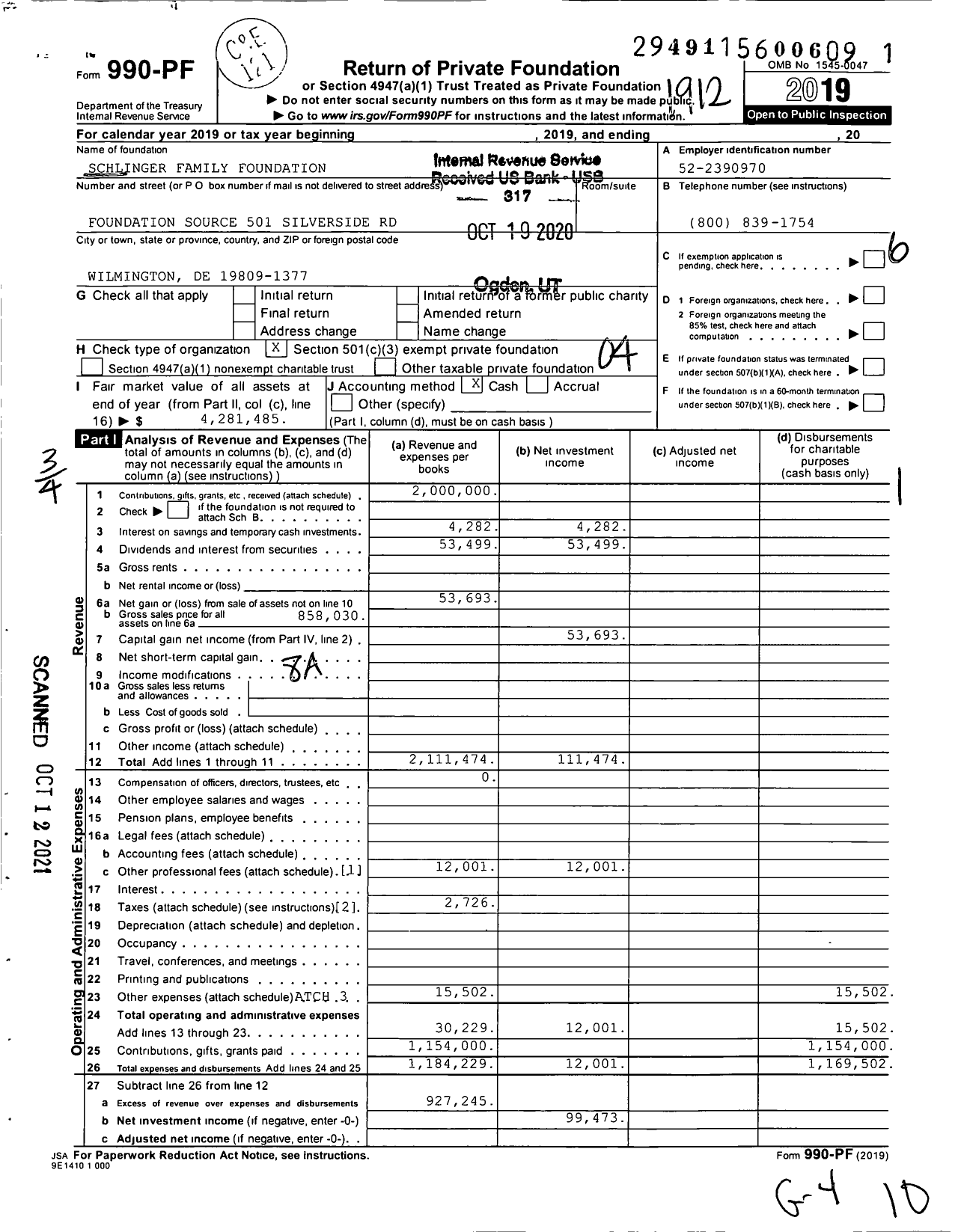 Image of first page of 2019 Form 990PF for Schlinger Family Foundation