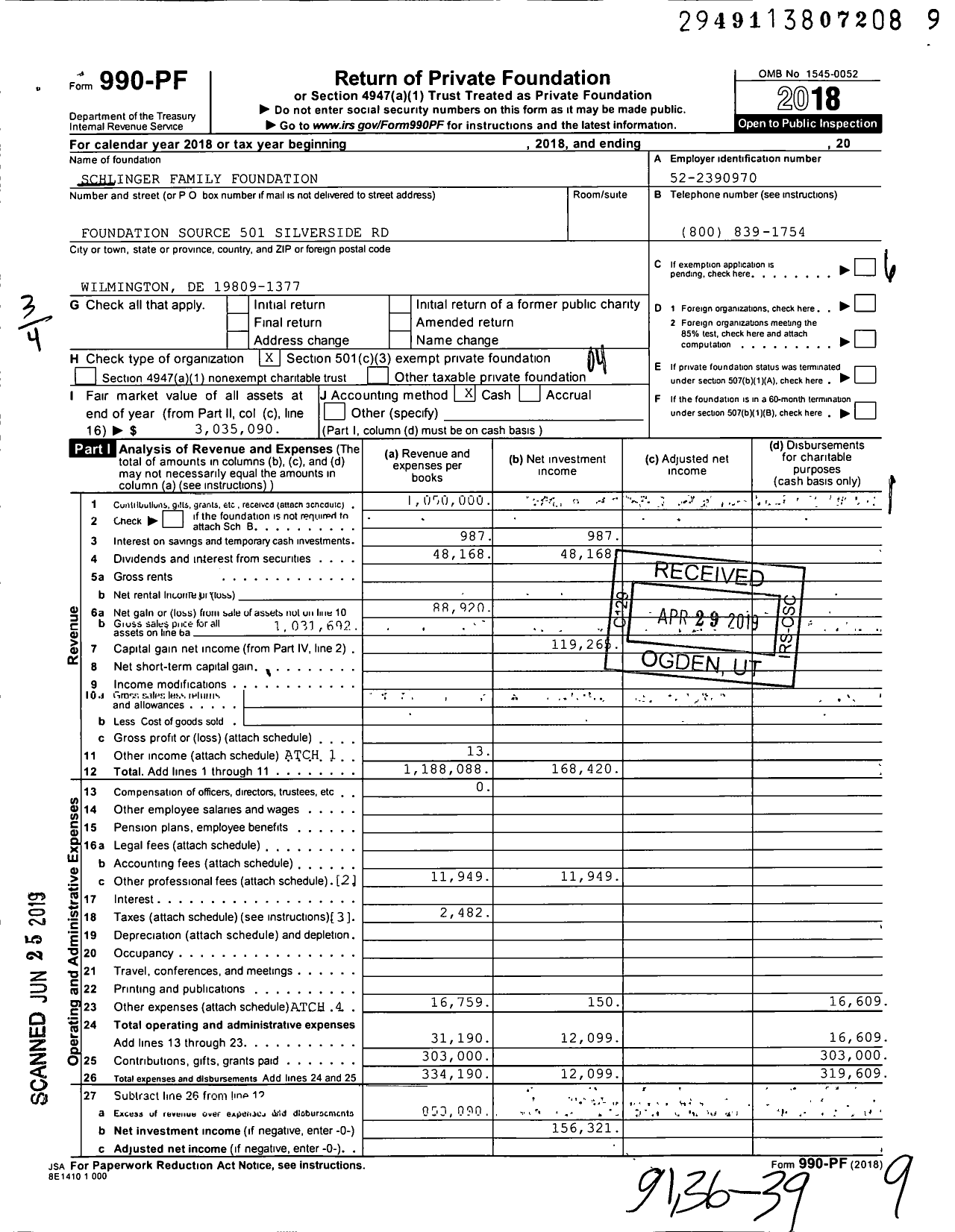 Image of first page of 2018 Form 990PF for Schlinger Family Foundation