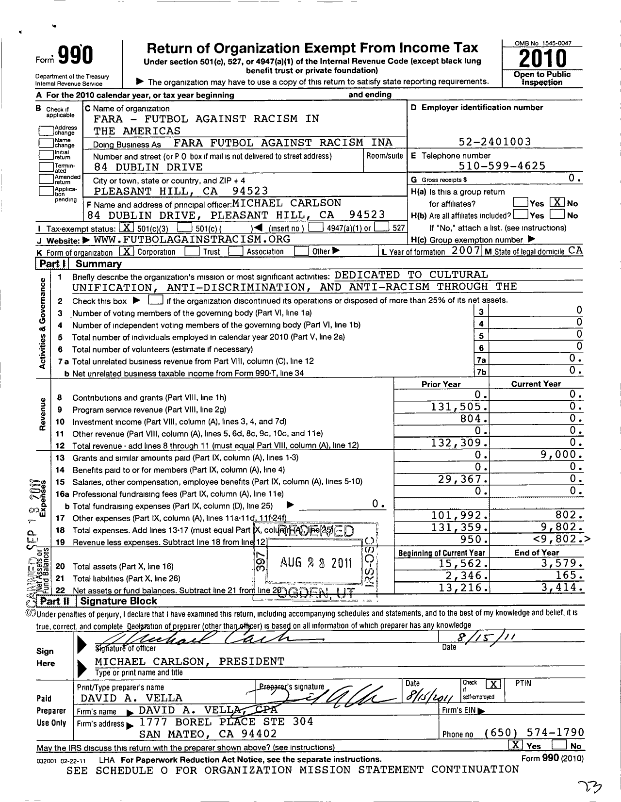 Image of first page of 2010 Form 990 for Fara Futbol Against Racism in the Americas