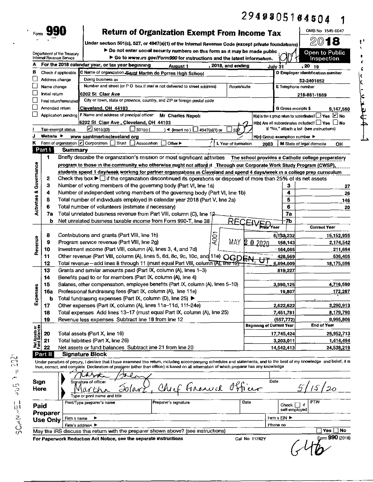 Image of first page of 2018 Form 990 for Saint Martin de Porres High School