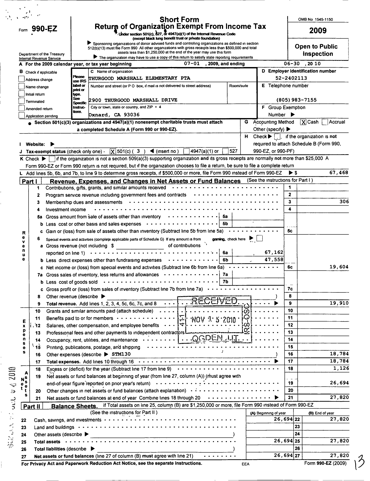 Image of first page of 2009 Form 990EZ for California State PTA - Thurgood Marshall Elementary PTA