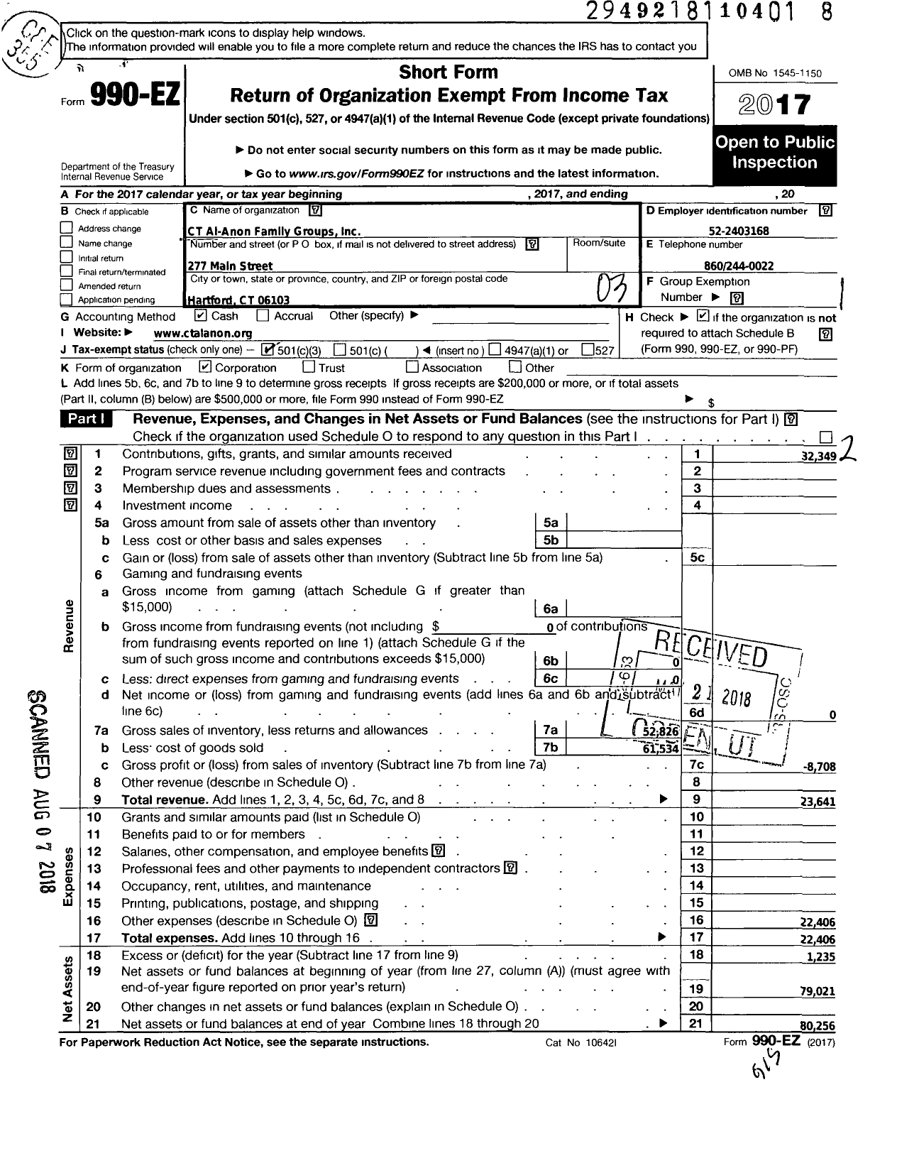 Image of first page of 2017 Form 990EZ for Connecticut Al-Anon Family Groups Services