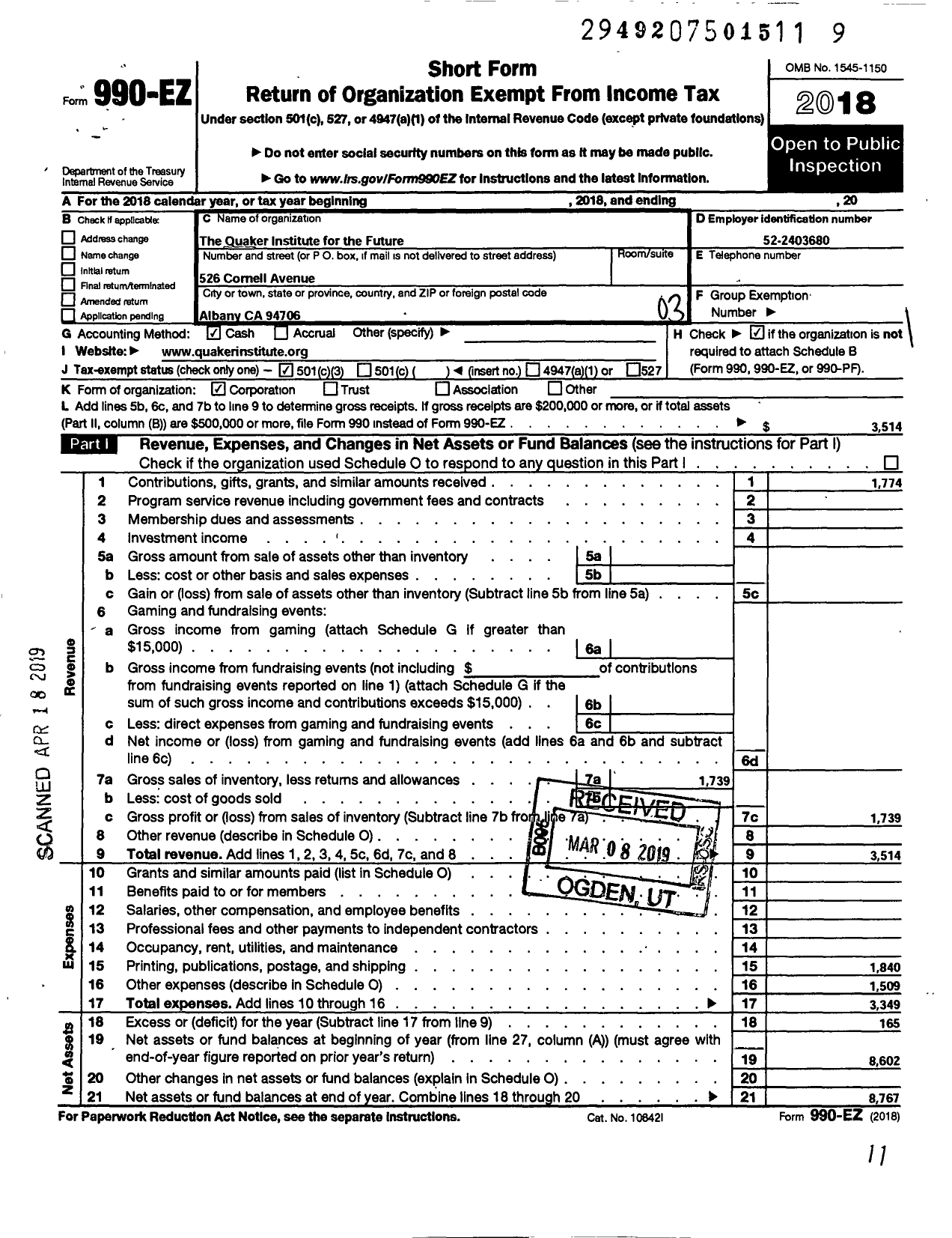 Image of first page of 2018 Form 990EZ for Quaker Institute for the Future