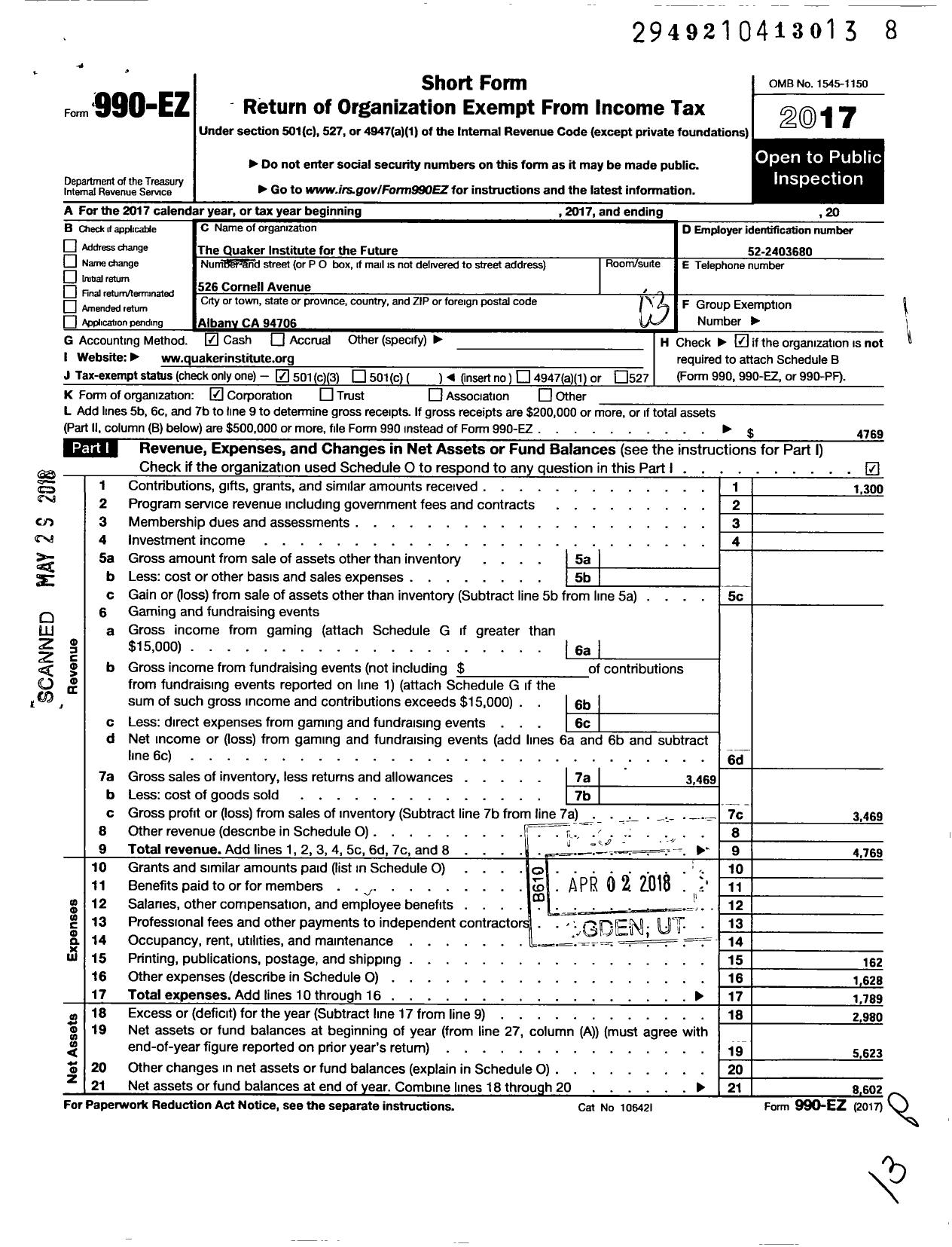 Image of first page of 2017 Form 990EZ for Quaker Institute for the Future