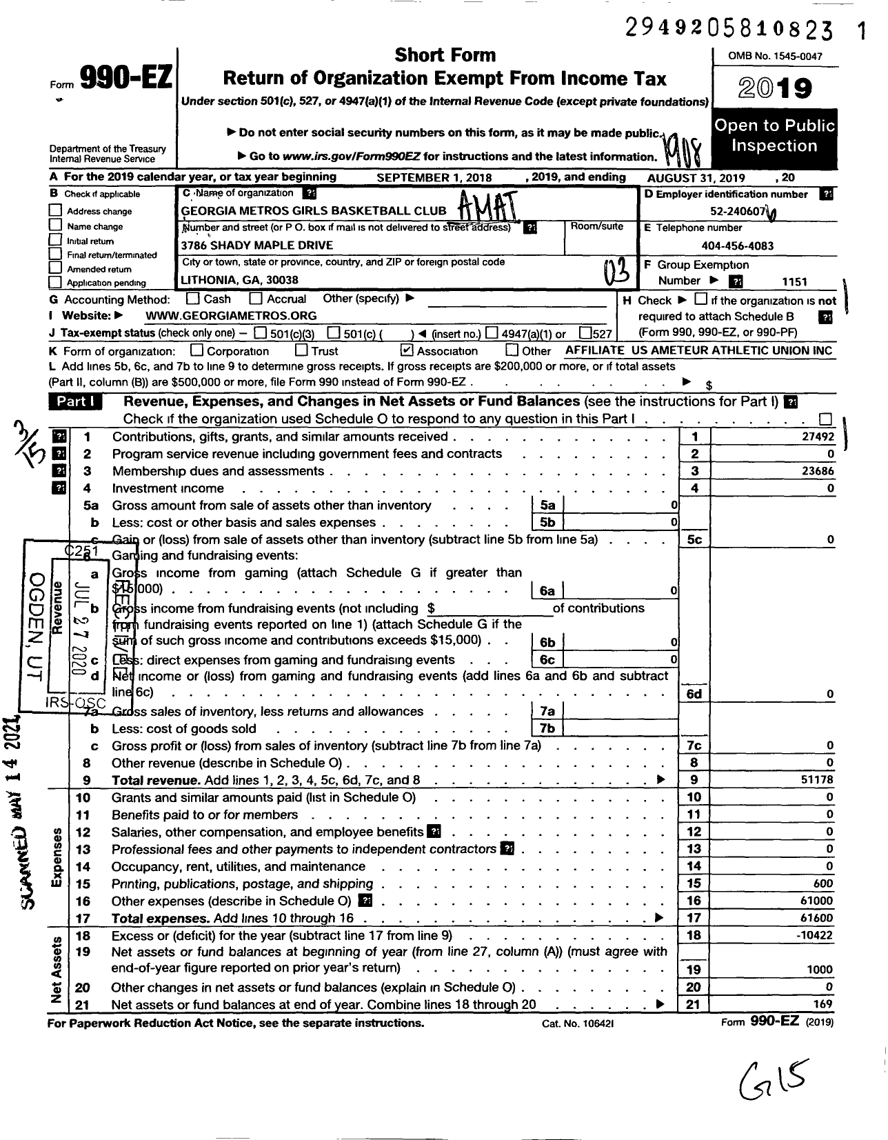 Image of first page of 2018 Form 990EZ for Amateur Athletic Union - Georgia Metros Girls Basketbal Club