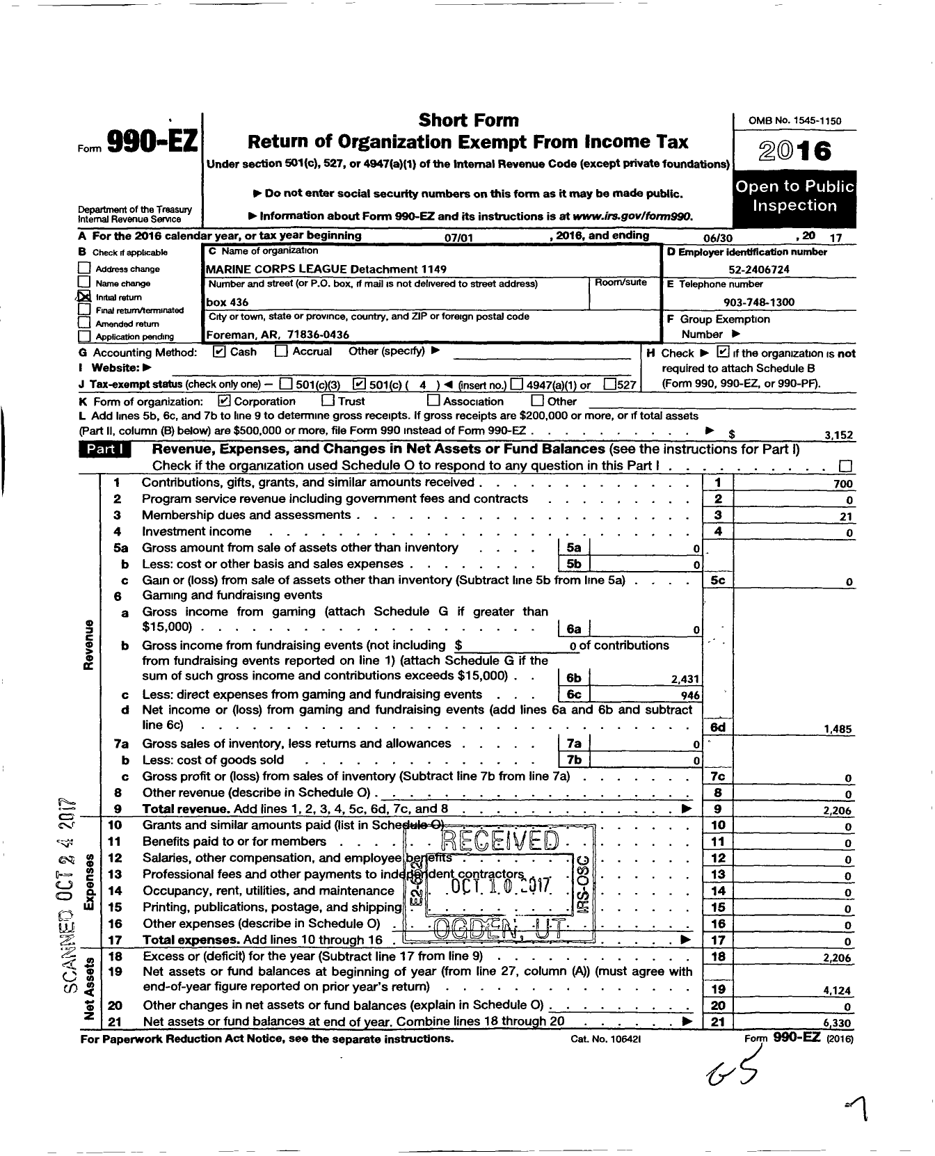 Image of first page of 2016 Form 990EO for Marine Corps League - 1149 Texarkana Detachment MCL