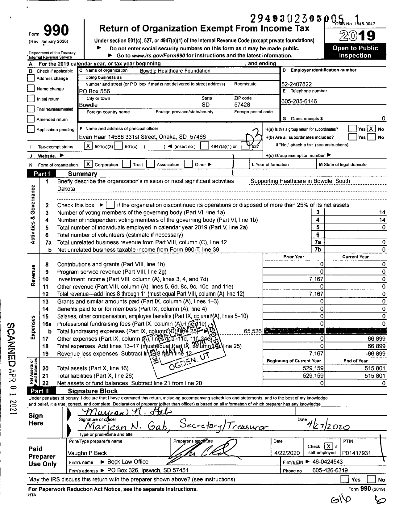 Image of first page of 2019 Form 990 for Bowdle Healthcare Foundation