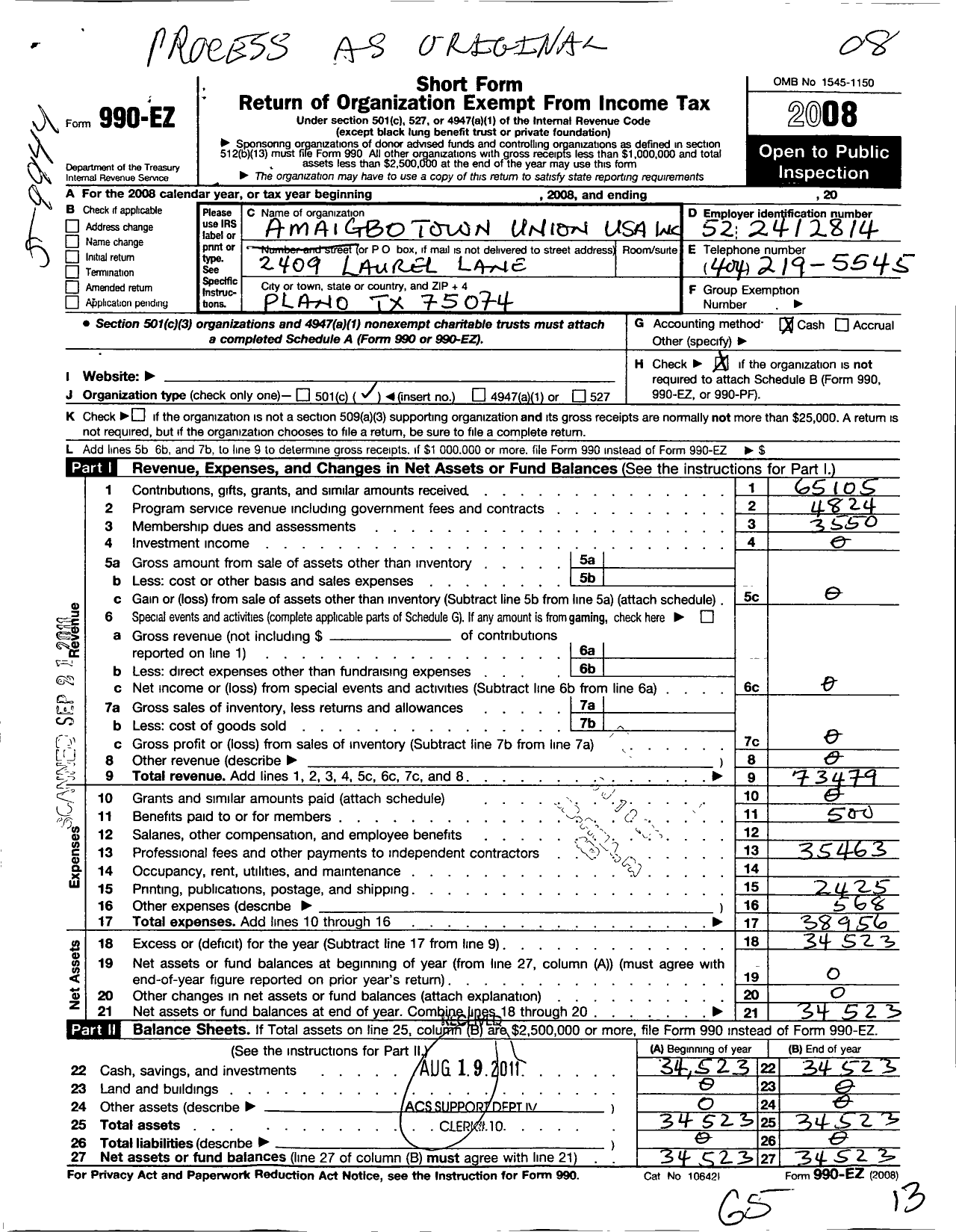 Image of first page of 2008 Form 990EO for Amaigbo Town Union USA Incorporated