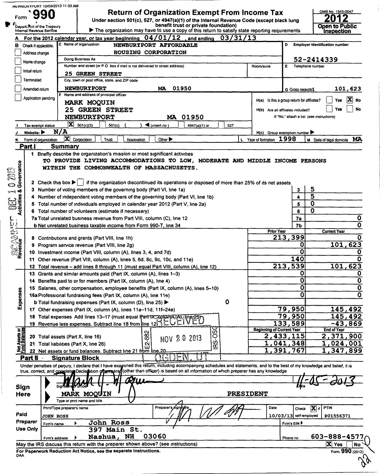 Image of first page of 2012 Form 990 for Newburyport Affordable Housing Corporation