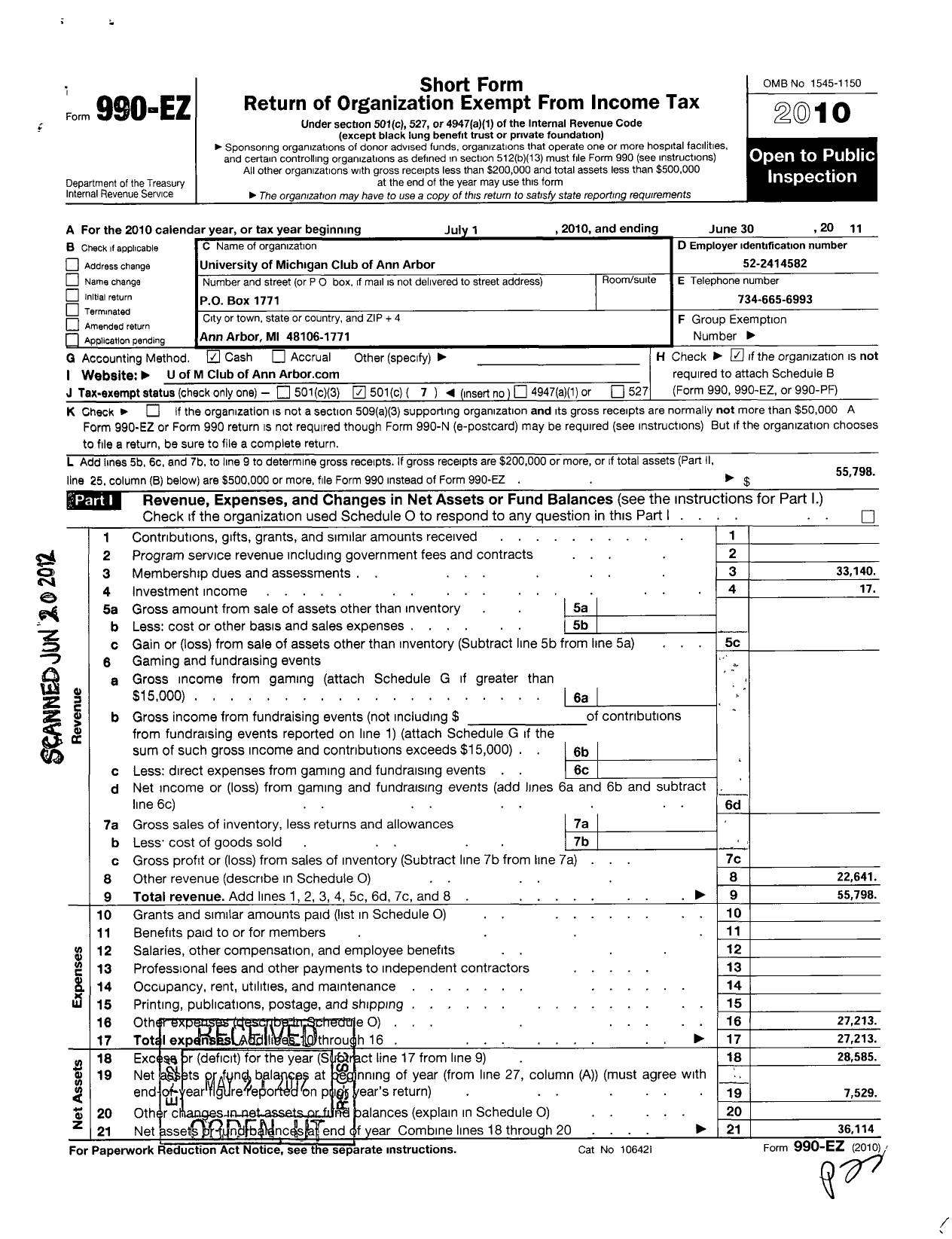 Image of first page of 2010 Form 990EO for University of Michigan Club of Ann Arbor