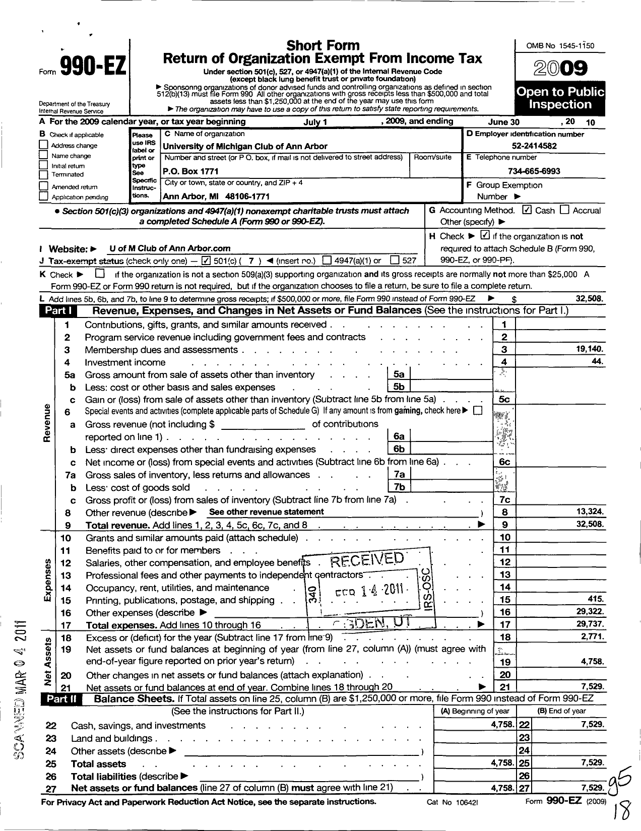 Image of first page of 2009 Form 990EO for University of Michigan Club of Ann Arbor