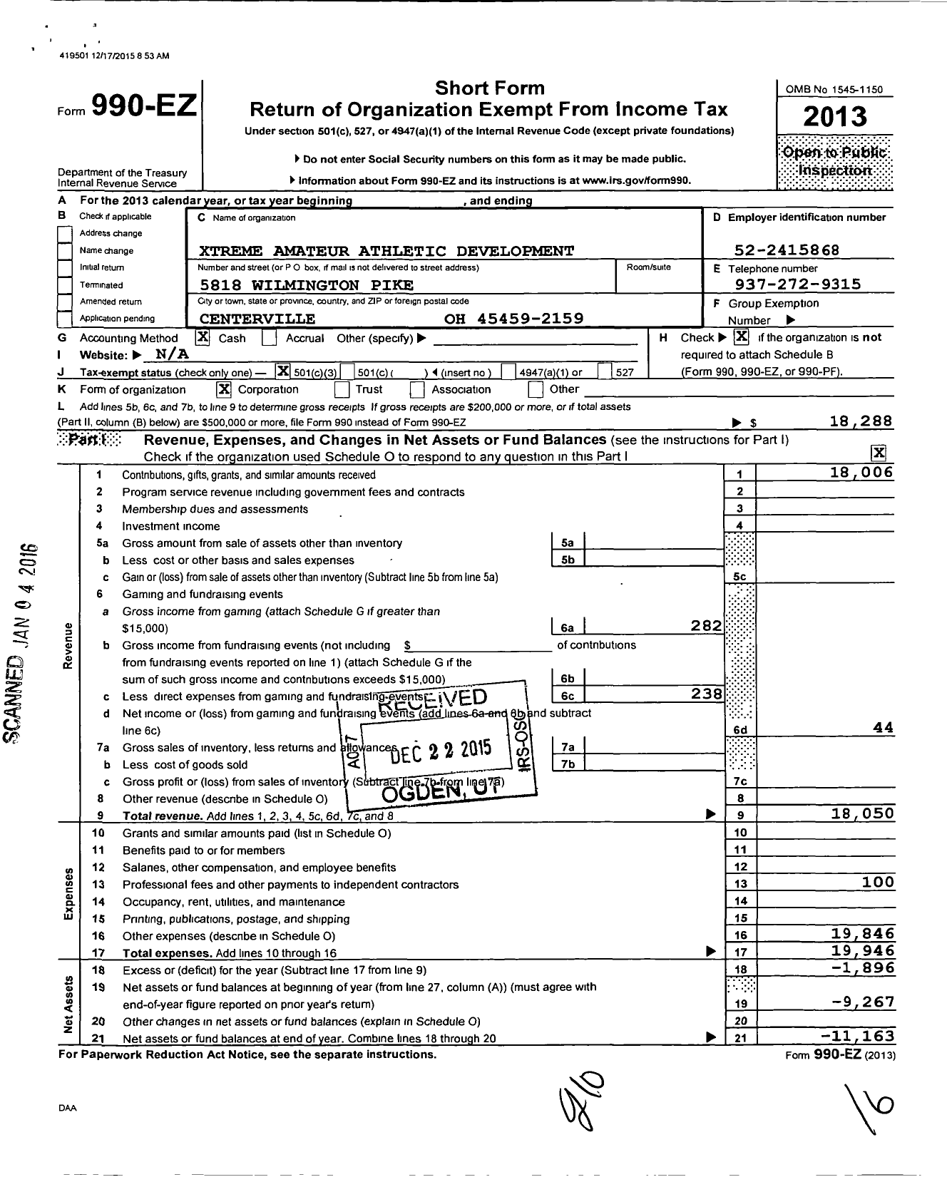 Image of first page of 2013 Form 990EZ for Xtreme Amateur Athletic Development