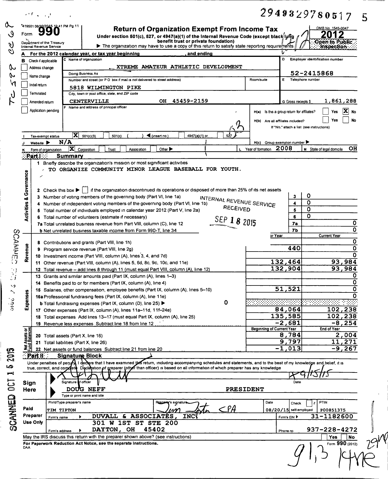 Image of first page of 2012 Form 990 for Xtreme Amateur Athletic Development