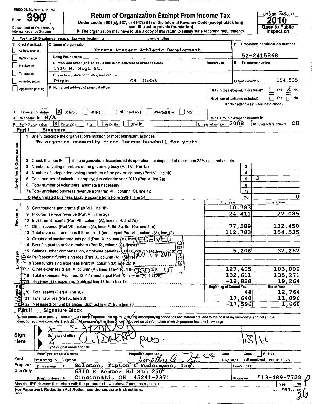 Image of first page of 2010 Form 990 for Xtreme Amateur Athletic Development