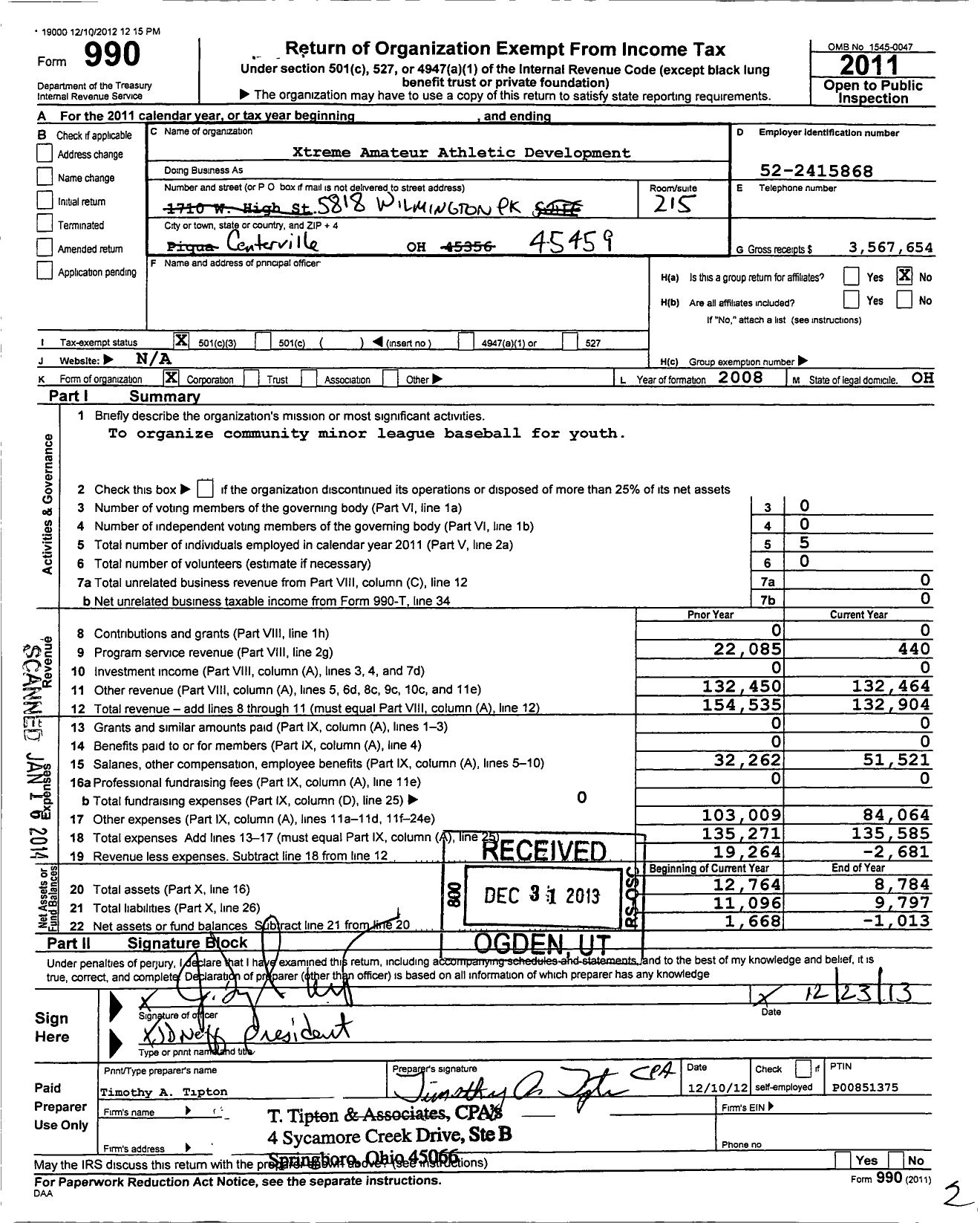 Image of first page of 2011 Form 990 for Xtreme Amateur Athletic Development