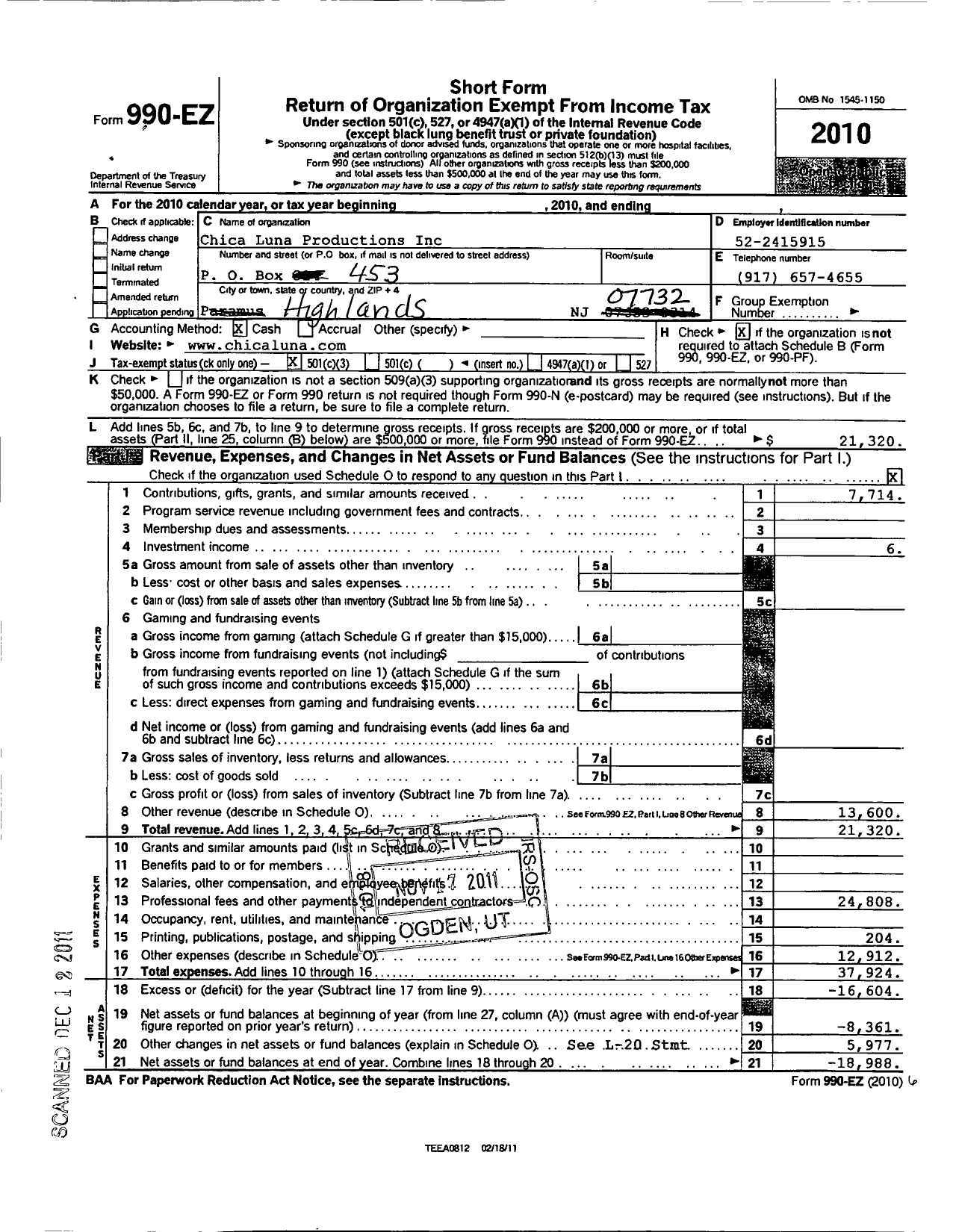 Image of first page of 2010 Form 990EZ for Chica Luna Productions